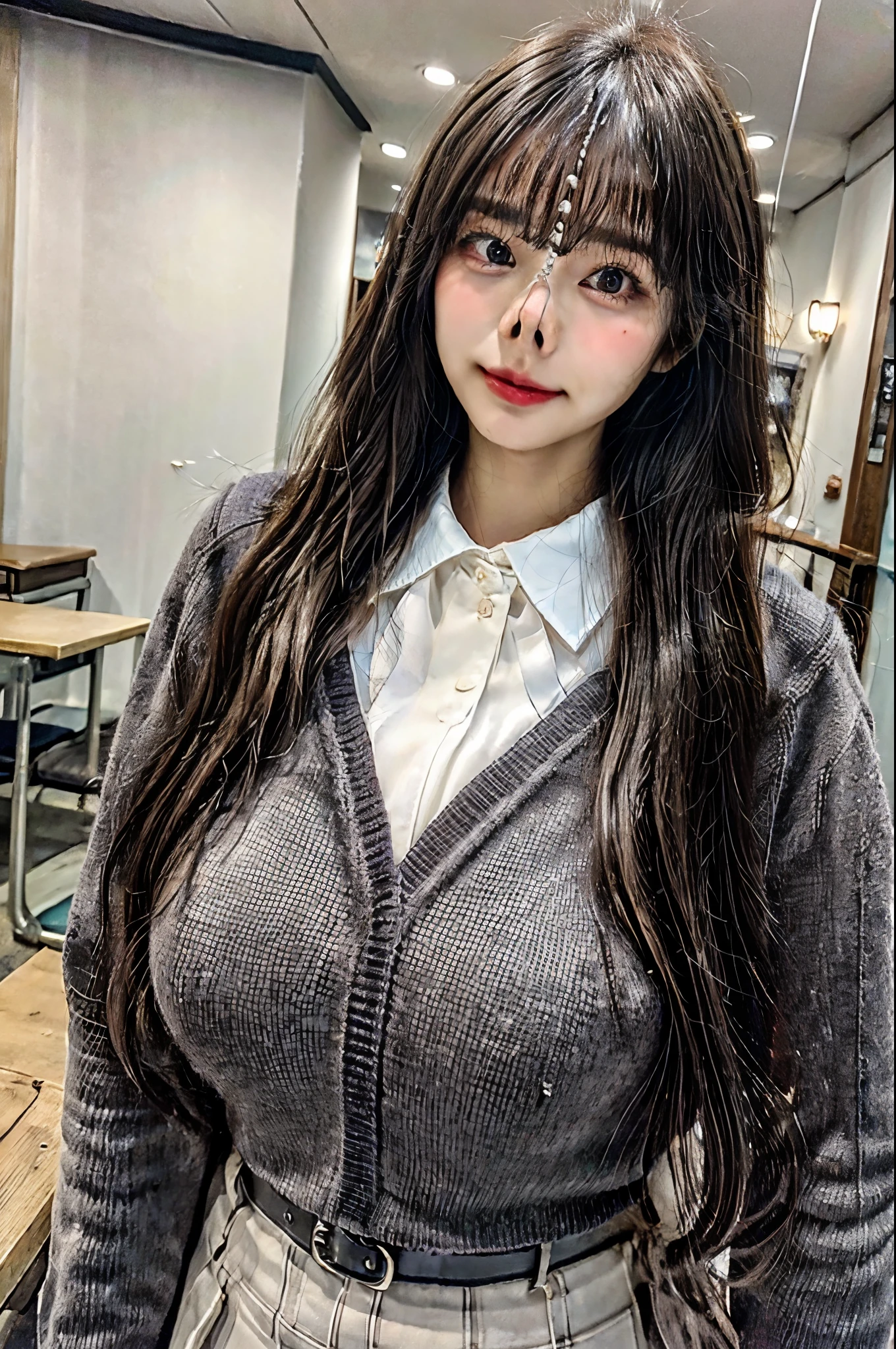 (((masterpiece:1.2、Highest quality、Tmasterpiece)))、1 female、alone、classroom、Day、(Korean Idol:1.25)、(Are standing:1.4)、Black Hair、whole body、(length, Thin legs:1.2)、Cute Face、Cute Face、Wavy Hair、Medium Hair、Beautiful legs、break、、(Big Breasts:1.4)、lipstick、blush、smile、(Covered breasts:1.2)、(Thick lips:1.2)、(Camera focused on her face:1.2)、Detailed body、Very detailed絵画, Luminism、4K resolution、3D Rendering、Exquisitely crafted , Cinematic、Realistic、Hit definition、Abstract Beauty、Approaching perfection, Pure Form, Golden Ratio、Very detailed, Digital photography, Soft natural light, 50mm lens, 1 1 1.8 Vacancies、blush、Small face、Tight waist、Date attire, Sweater jacket, tie, Collared shirt, Brown Skirt, belt、((Upper Body:1.4))、Face Focus