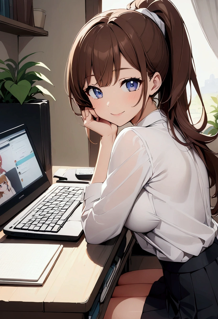 (high resolution,high quality)anime、Beauty、cute、Stylish、ponytail、Brown Hair、Sexy、View your viewers、smile、In a beautiful house、computer、Working
