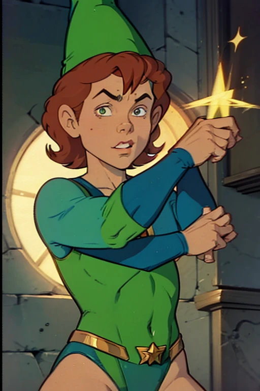 a redhead cartoon character, wonder woman outfit, green leotard, very muscular, 14 year old male wizard, 1980s cartoon, animated episode still, Presto (((mad))), ((Wears a wizard hat))