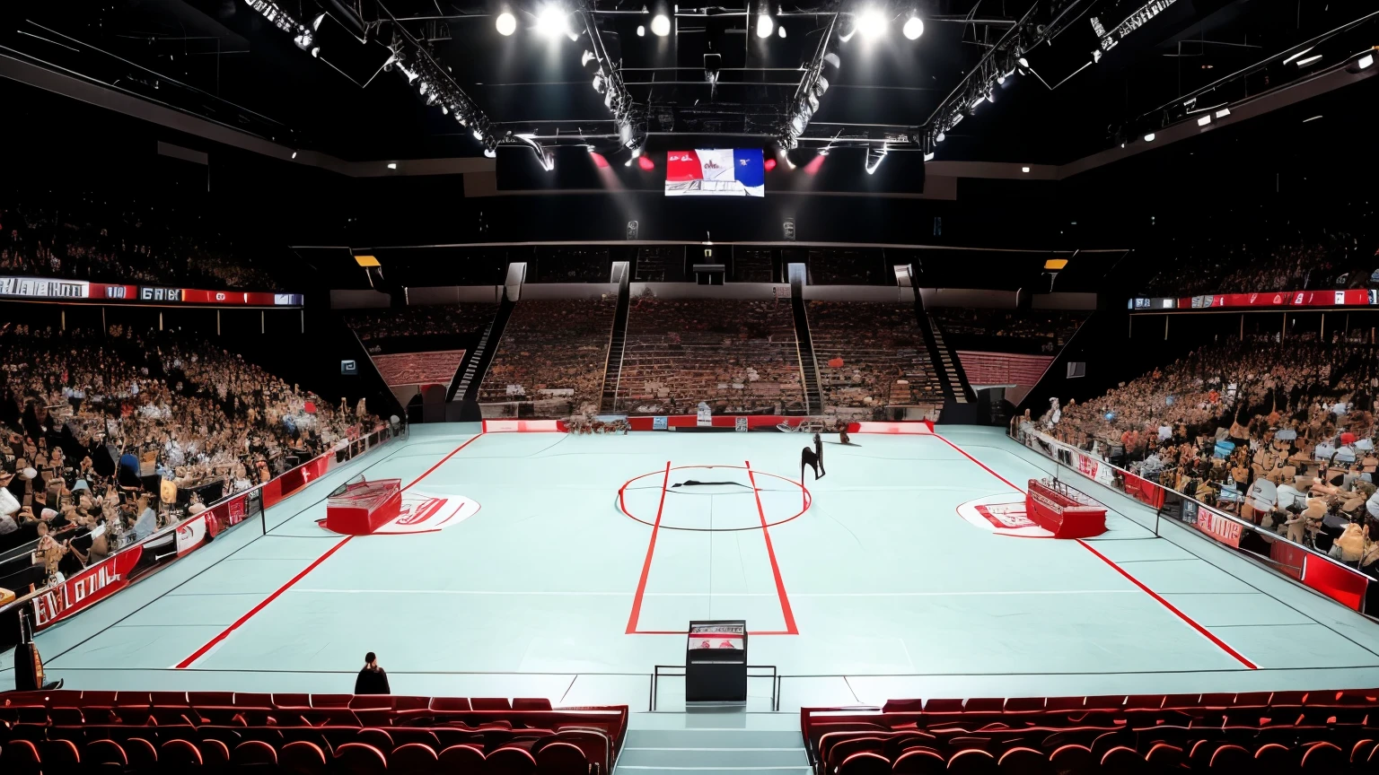 "An empty professional wrestling ring set up in a large indoor arena with bright overhead lighting focused on the ring, creating a dramatic spotlight effect. The ring features red ropes and black corner posts, just like the ones in a WWE event. The canvas white, clean, and ready for a match. The background should capture the energetic and lively atmosphere of a packed arena, with rows of seats filled with spectators visible, but the focus should be on the empty ring itself. The audience area should be visible but slightly out of focus to emphasize the ring. The lighting should create a high-contrast look, making the ring the central point of the image. The camera angle should be at a slightly elevated position, centered, and close enough to show the details of the ring clearly, while still capturing the crowd in the background. This setup ensures the ring is prominently displayed, ready for placing any opponent PNGs later."