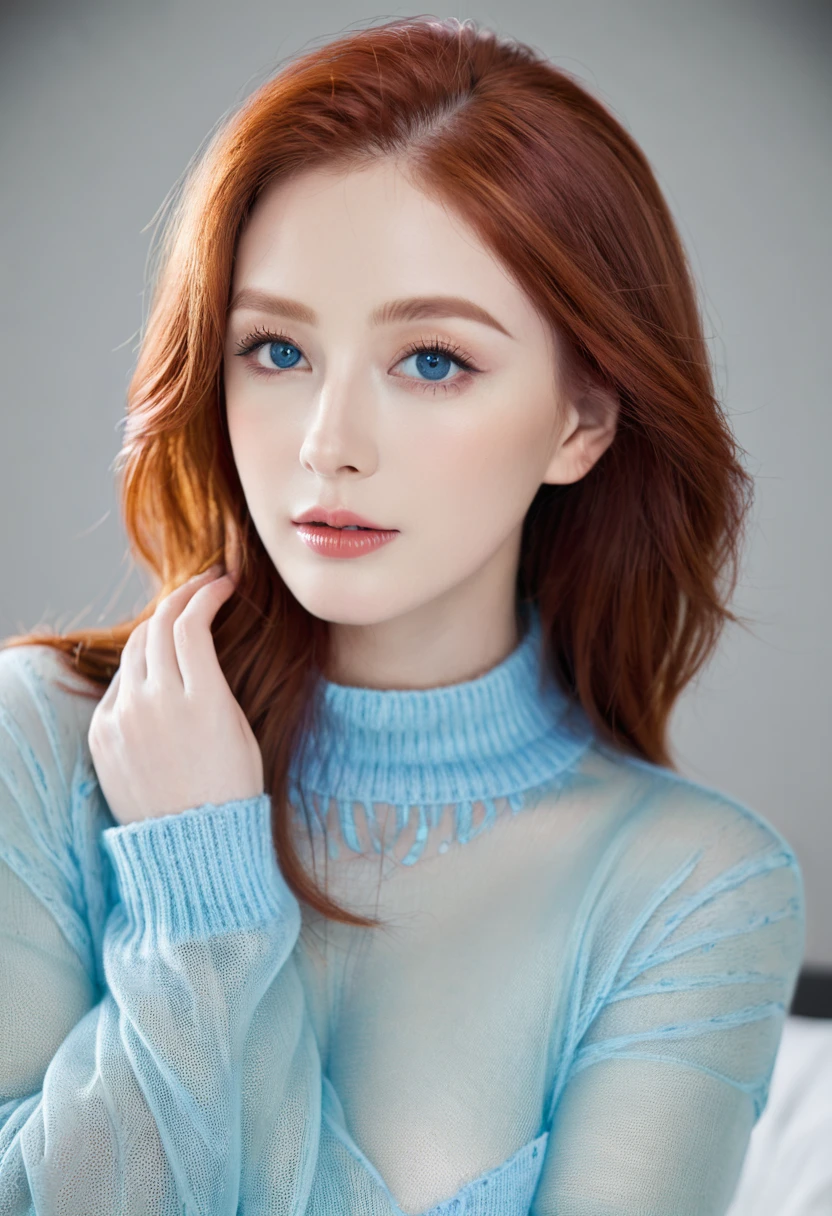 Miss, Large Breasts, Red hair, blue eyes, Transparent sweater, Small chin  