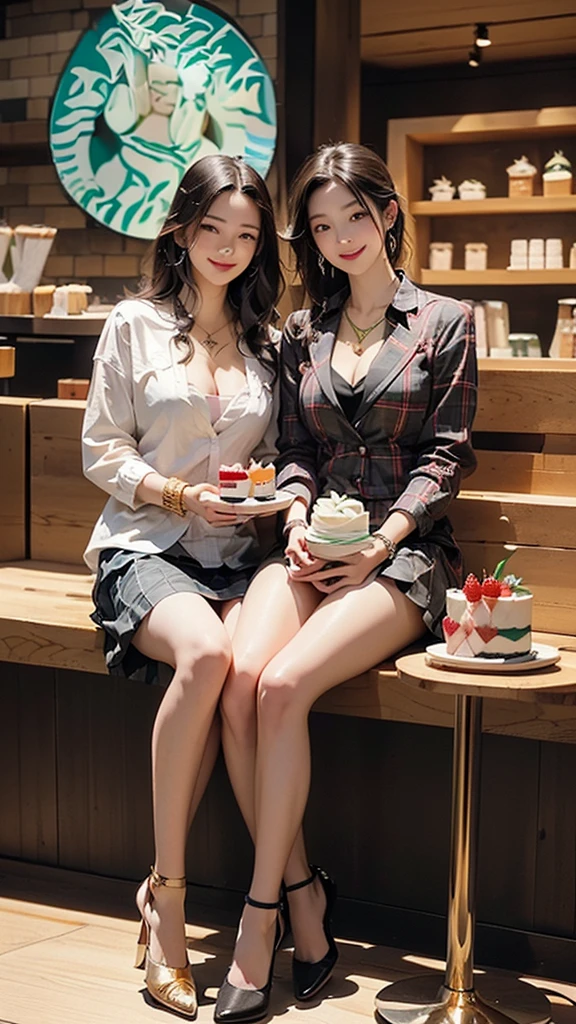 8k、RAW Photos、Highest quality、Super detailed、Super Resolution、Ultra HD、8k wallpaper、Amazing details blazer uniform girl ((White blouse with formal collar, Pink Blazer, Black plaid skirt, Red checkered ribbon on blouse)), Complete limbs, Full Finger, Small hands
(((((Two Women)))))
((((((Inside the Starbucks store))))))、16 year old female student、
(((((Eat cake、Drink coffee、smile)))))、
(((Heart Necklace、Gold bracelet)))
((Emphasize cleavage))
((((Woman sitting at the window seat))))
((((Full body photo))))