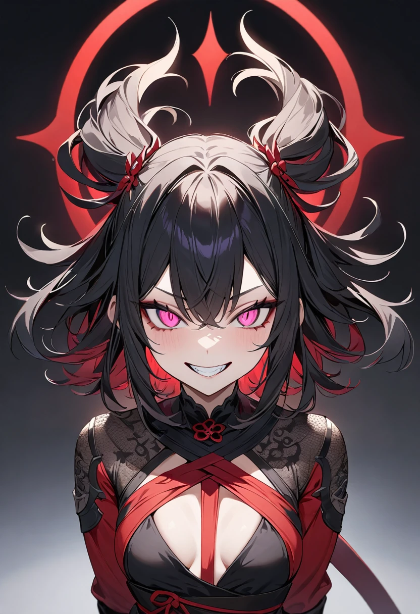 (masterpiece, top quality, very aesthetic, 4k、illustration), intricate detail, 1woman,Standing 、(upper body)、dark persona、(),Cute 、grin、Random Hair Color、,middle hair,sidelock ,Random Color　eyes、ninja clothes、small breasts、Slim 、