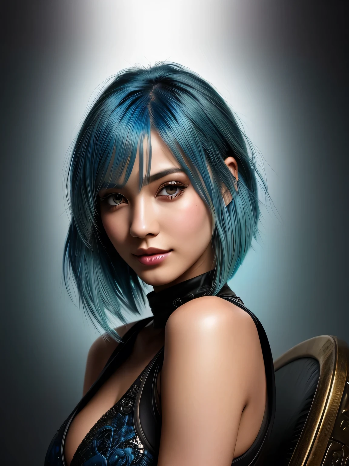 (blue hair:1.4), short hair, realistic green eyes, cobalt hair, long bob hair, tousled hair, shoulder length hair, Full body, woman with white skin and Asian features, 24 year old, big breast. She has a small, elegant nose with a slight upward curve at the tip. Her lips are full and naturally pink, with a well-defined Cupid's bow. Her teeth are straight and white, enhancing her captivating smile. Her face has an oval shape with high cheekbones that add to her model-like appearance. highly detailed glowing eyes, specular light, extreme quality, crystal clear, cute face, detailed skin pores, oil Dark skin, brown, complex eye details, is jinx from league of legends, sitting in a throne made of junk, Full body, Beautiful anime waifu style girl,hyperdetailed painting, luminism, art by Carne Griffiths and Wadim Kashin concept art, dark background, abstract beauty, approaching perfection, pure form, golden ratio, minimalistic, dark atmosphere, unfinished, concept art, intricate details, 8k post production, high resolution, hyperdetailed, trending on artstation, sharp focus, studio photo, intricate details, highly detailed, steampunk
, (short hair:1.2), (short hair:1.3), (short hair:1)