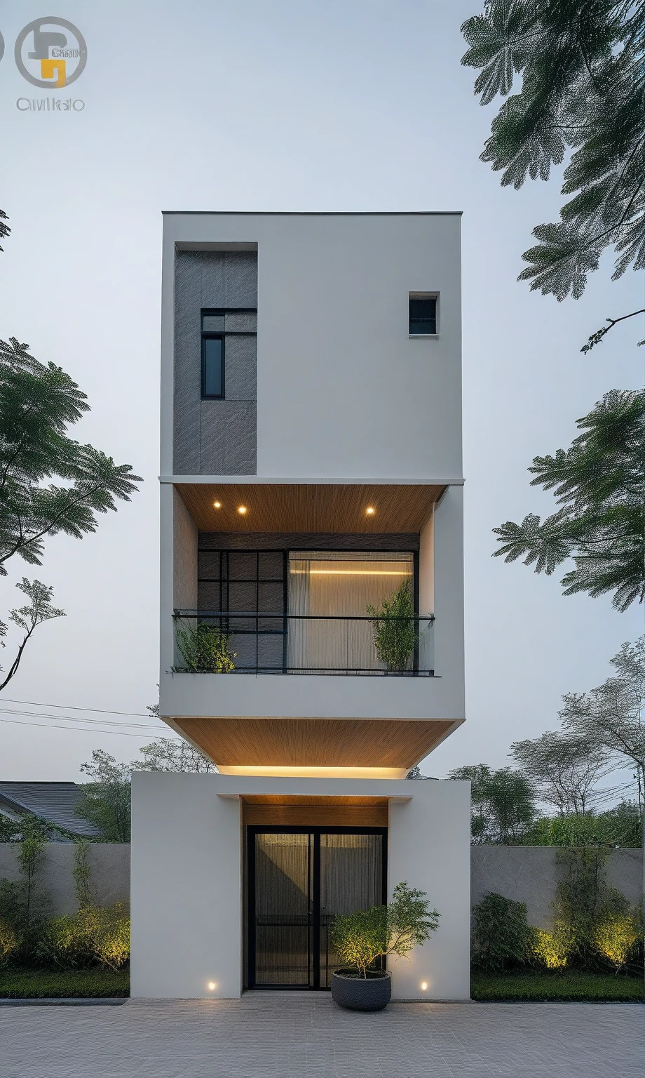 RAW photo, a photo of a modern house, (curvilinear chrchitecture:1.4), Wabisabi style rounded wall, white wall, steel dark gate, sidewalk, sidewalk trees, ((grey gate:1.2)), road, viet nam modern residence, ((architectural shot)), rough white wall, new residential area, wide angle exterior 2022, contemporary house, exterior photography, masterpiece, contemporary architecture, overcast, indirect lighting