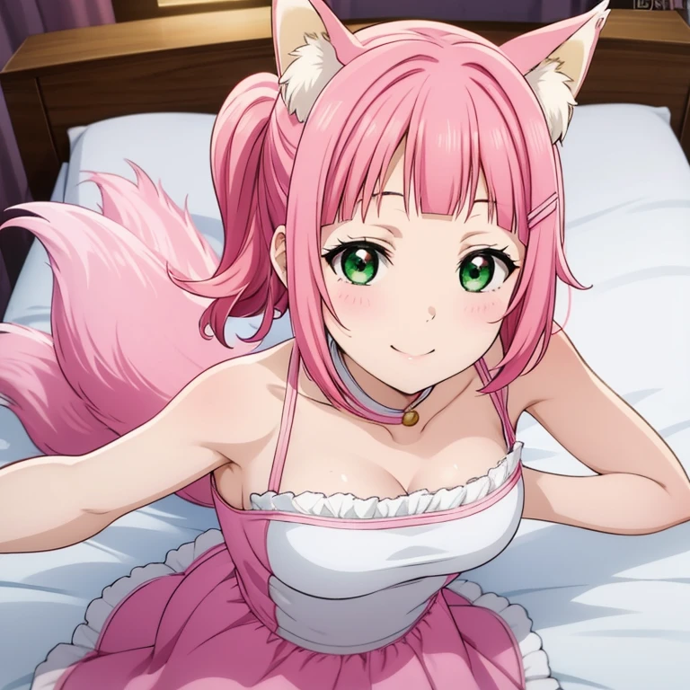 Fox ears, fox tail, pink hair, blunt bangs, short hair, green eyes, pink eyeshadow, red blush, pink lips, smile, happy face, large breasts, china dress, on bed, bedroom, night, looking at viewer,