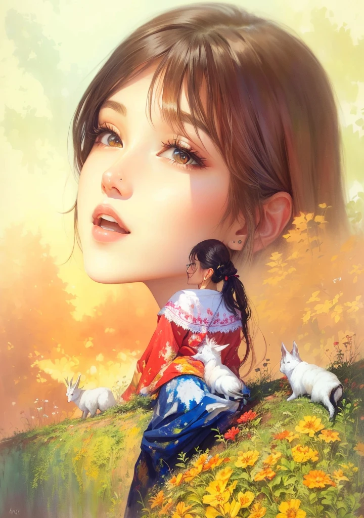 Painting of'une jeune fille assise sur une colline avec deux lapins, une belle illustration d'work of'art, par Lu Guang, Belle work of'animated art, beautiful digital artwork, Oeuvre fantastique d'アニメ, very beautiful digital art, inspired by Chiho Aoshima, beautiful photos of'avatar, beautiful digital art, beautiful rendering of'artiste, sakimichan frank franzzeta, Japanese pop surrealism