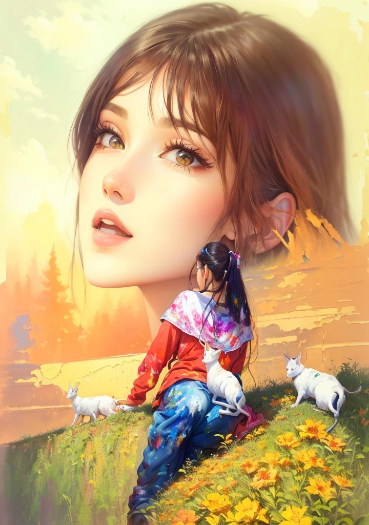 Painting of'une jeune fille assise sur une colline avec deux lapins, une belle illustration d'work of'art, par Lu Guang, Belle work of'animated art, beautiful digital artwork, Oeuvre fantastique d'アニメ, very beautiful digital art, inspired by Chiho Aoshima, beautiful photos of'avatar, beautiful digital art, beautiful rendering of'artiste, sakimichan frank franzzeta, Japanese pop surrealism