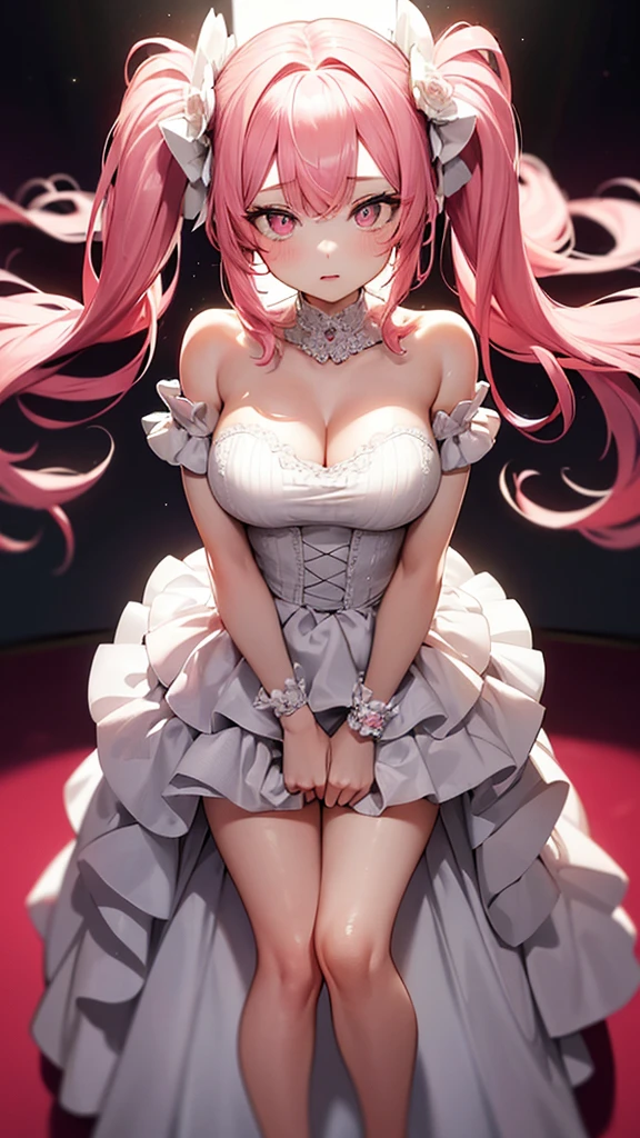(Highest quality,High resolution,Very detailed,girl),Pink Hair,Height: 160cm,cute,Pink Eyes,Twin tails,Big Breasts,She is wearing a white wedding dress for her wedding,Her eyes are white and shining,Has bright white eyes,Looking at me with a bright face,
