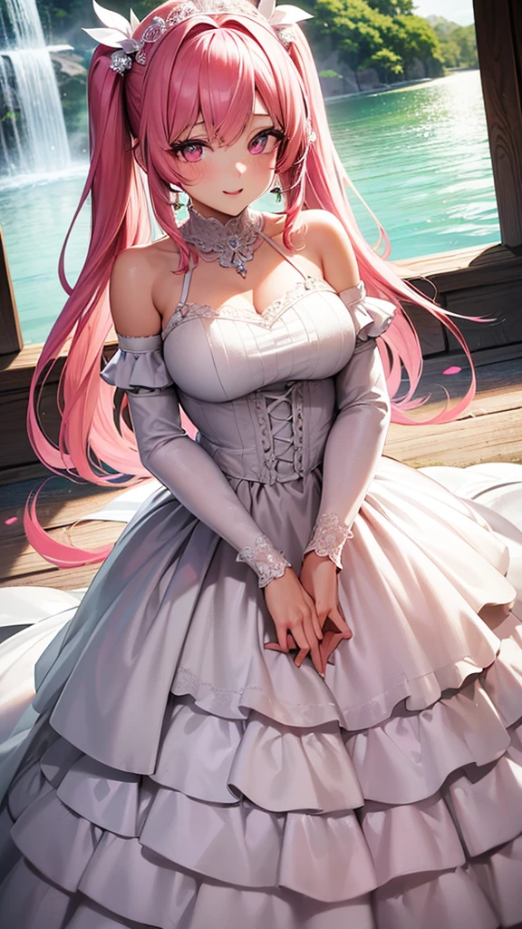 (Highest quality,High resolution,Very detailed,girl),Pink Hair,Height: 160cm,cute,Pink Eyes,Twin tails,Big Breasts,She is wearing a white wedding dress for her wedding,Her eyes are white and shining,Has bright white eyes,Looking at me with a bright face,