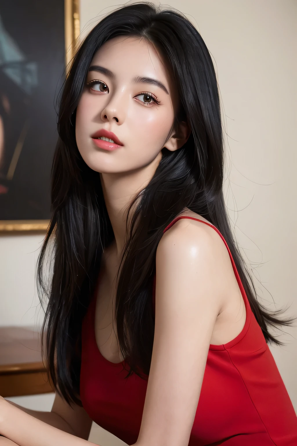 A girl, Black Hair, 1980s (style), Red sleeveless dress, Long hair,(RAW photos, best quality), (Practical, Photo Practical: 1.3), best quality, Very detailed, masterpiece, Ultra Detail, illustration, 1 girl, Dynamic Angle, World masterpiece Theater, messy，Super beautiful face
