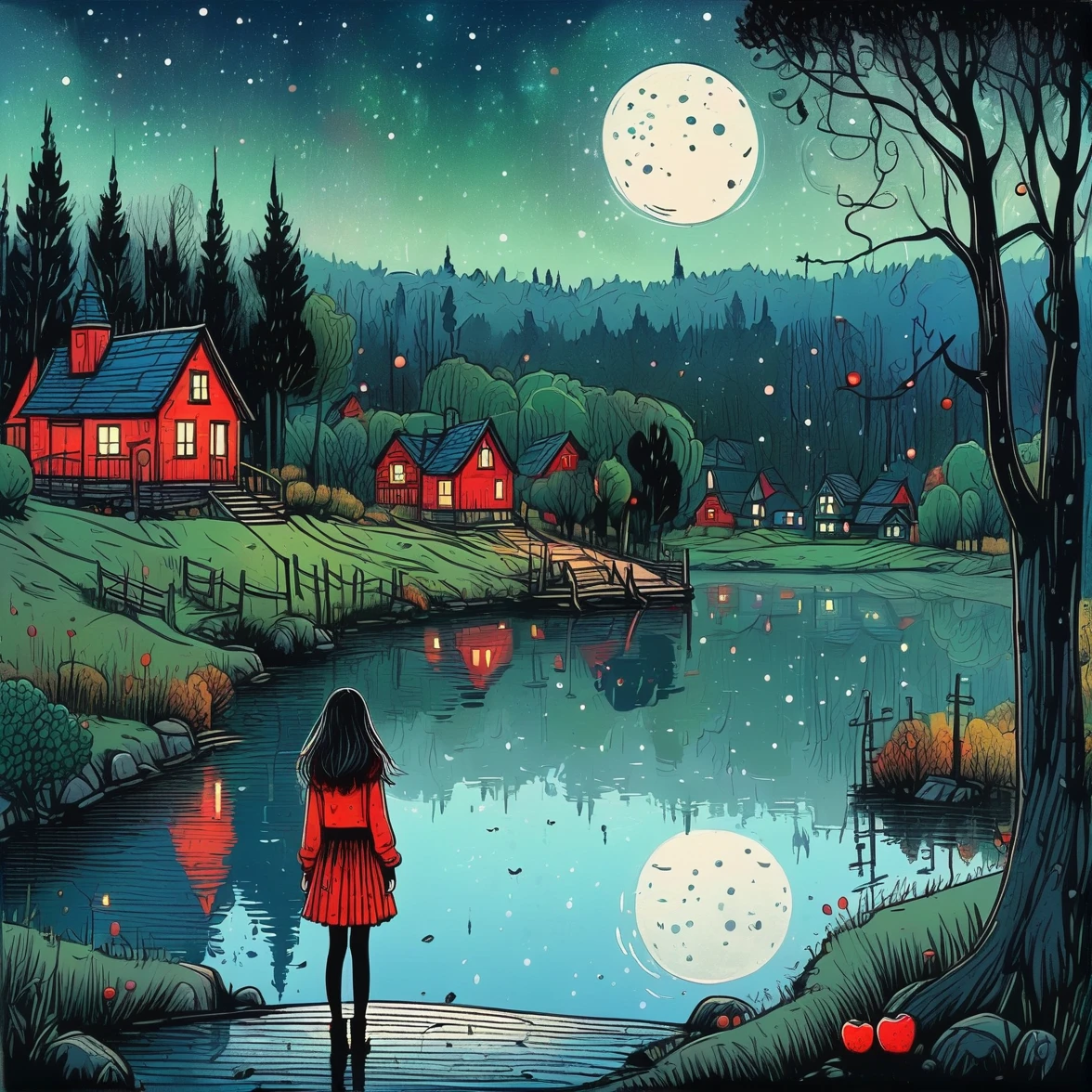 Hand drawn cartoon, 1 girl, standing alone, Beautiful attractive young woman,Strong Gothic Makeup, A lakeside village with a birch forest and an apple orchard,starry nights_Adolfsson style,gloomy foggy atmosphere,The cute nonsense、The attraction and rejection of extraordinary appearance,Naive Magical Art,Bright blue and green,The color palette is red, orange and black tones and has a sketchy style, The background should have a simple hand-drawn doodle pattern, 1shxx1