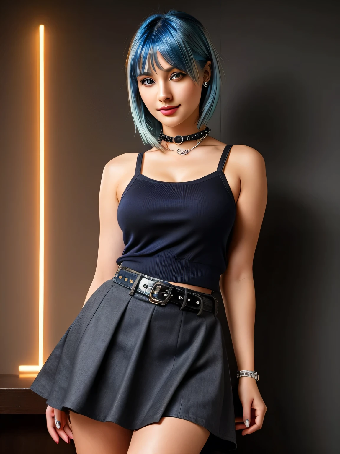 (blue hair:1.4), short hair, realistic green eyes, cobalt hair, long bob hair, tousled hair, shoulder length hair, Full body, woman with white skin and Asian features, 24 year old, big breast. She has a small, elegant nose with a slight upward curve at the tip. Her lips are full and naturally pink, with a well-defined Cupid's bow. Her teeth are straight and white, enhancing her captivating smile. Her face has an oval shape with high cheekbones that add to her model-like appearance. highly detailed glowing eyes, specular light, extreme quality, crystal clear, cute face, detailed skin pores, oil Dark skin, brown, complex eye details, 8K, highest quality, 4K, High resolution, masterpiece:1.2, Super detailed, (Realistic, Realistic, Photorealistic:1.6), Vibrant, red and blue eyes,Strong gaze,Seductive eye contact,Bright red iris,Shining stars in the dark blue,Sparkling Eyes,Vibrant colors,Portraiture,Fantasy art,(masterpiece:1.2, highest quality), (Realistic, photoRealistic:1.4), Beautiful illustrations, (Natural Side Lighting, Cinema Lighting), Looking at the audience, Upper Body, (Front view), 1 girl, Perfect Face, Symmetrical cute face, Shiny skin, Baby Face, Long eyelashes, (Big Breasts:0.3), (Wide Hips),Beautiful Face, Narrow and beautiful eyes, Beautiful body, Beautiful breasts, Beautiful thighs, Beautiful legs, Beautiful fingers,(Beautiful views),(Cute Smile:1.2, Superior),beautiful girl,Hairband ribbon, (Punk rock style: 1.5), Red denim jacket, stud pin jacket, belt choker, stud pin bracelet, (black flared skirt, mini skirt:1.5),
, (short hair:1.2), (short hair:1.3), (short hair:1)