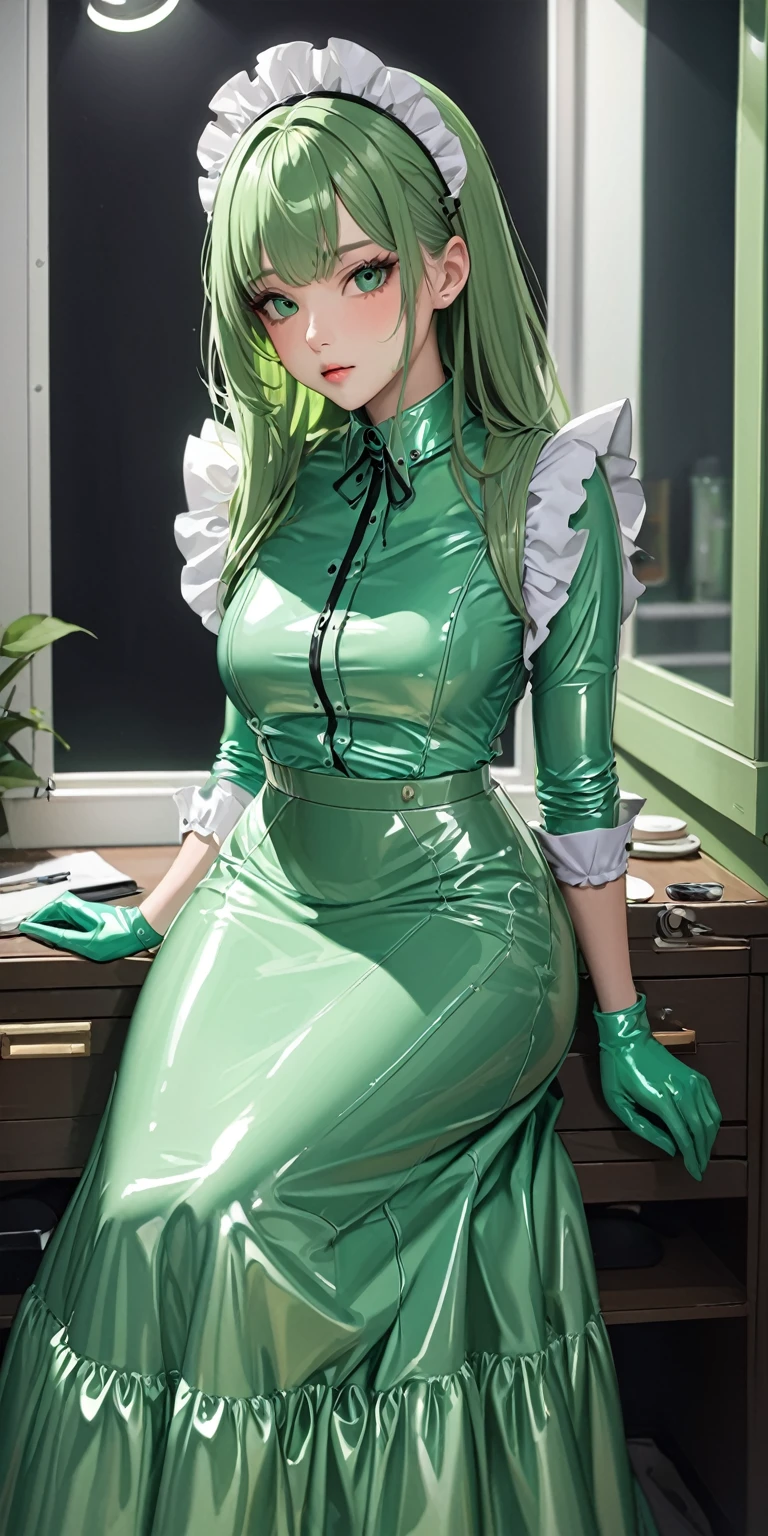 Portraiture、(masterpiece,Highest quality,Ultra-high resolution),Japanese women, (((Very beautiful 25 year old girl))),(Pale green latex maid outfit)、((Pale green latex long skirt))、(A long-sleeved latex shirt that covers the upper body)、Pale green latex gloves、(Pale green latex boots)、Frills、The clothes fit snugly to the body、Latex is very shiny、Dark Room、