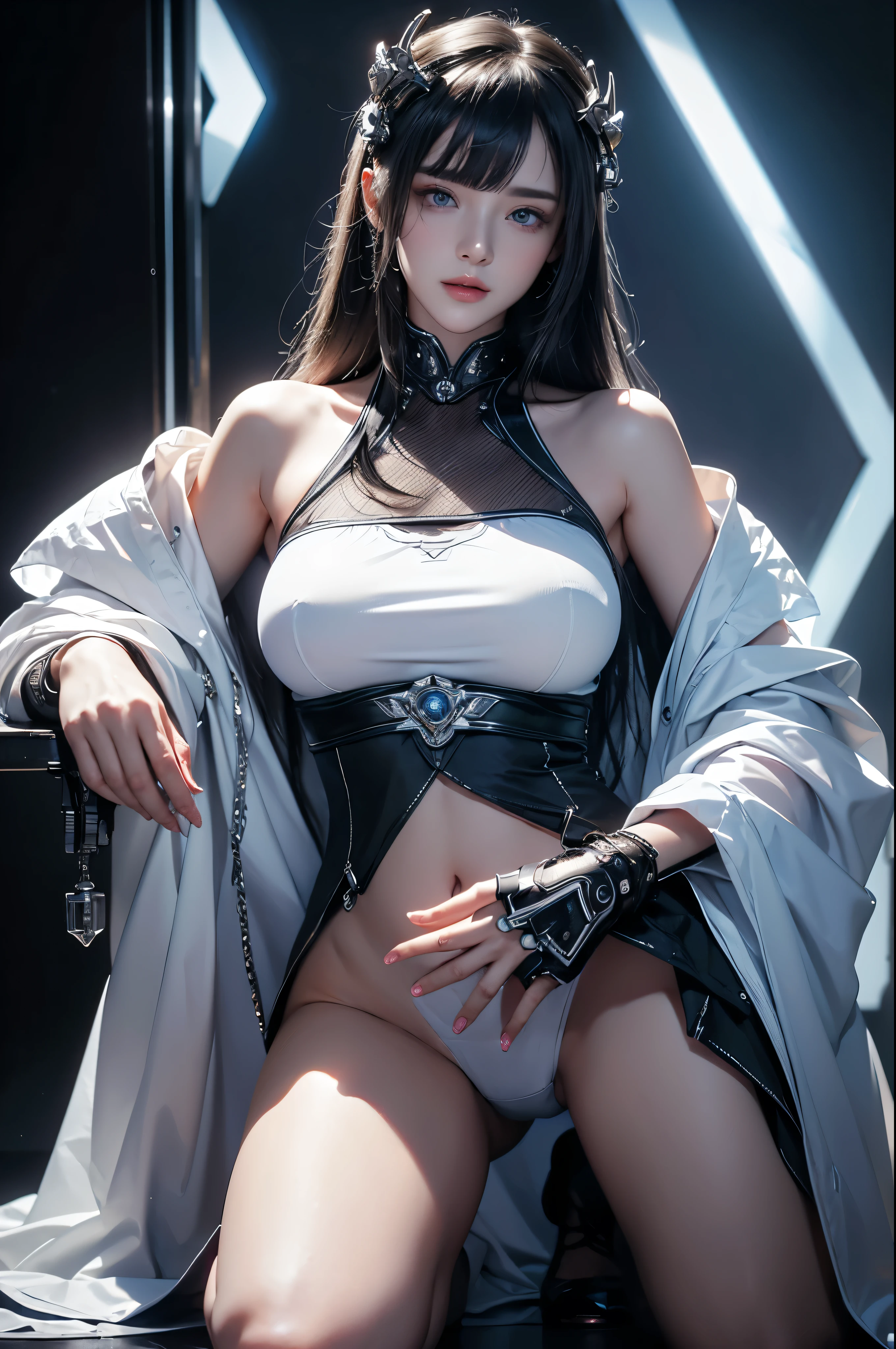 masterpiece, Highest quality, Very detailed, To the camera, Very detailed, Realistic, Sharp features, Very detailed, Sharp focus, Perfect Face, Perfect Face, Perfect symmetry and perfect eyes, Perfect Plump Lips, Flexible female form, cinematic, Film Light, Very detailed, hyper Realistic, masterpiece, Atmospheric, High resolution, Vibrant, Dynamic Studio Lighting, ((Dark Background)), The expression when enduring pleasure, Straight bangs, Blue eyes,Kneeling with hands on crotch、Butt、Sexually aroused expressions、No clothes、NSFW,((top quality、8k、masterpiece:1.3))Wears a silver-white mech,girl with delicate face,Highest image quality,Ultra-clear,Delicate and clear facial features,end of the world,Mechanical arm,Exquisitely detailed mechanical pattern,Cyberpunk characters、numbercity、number、century、throne