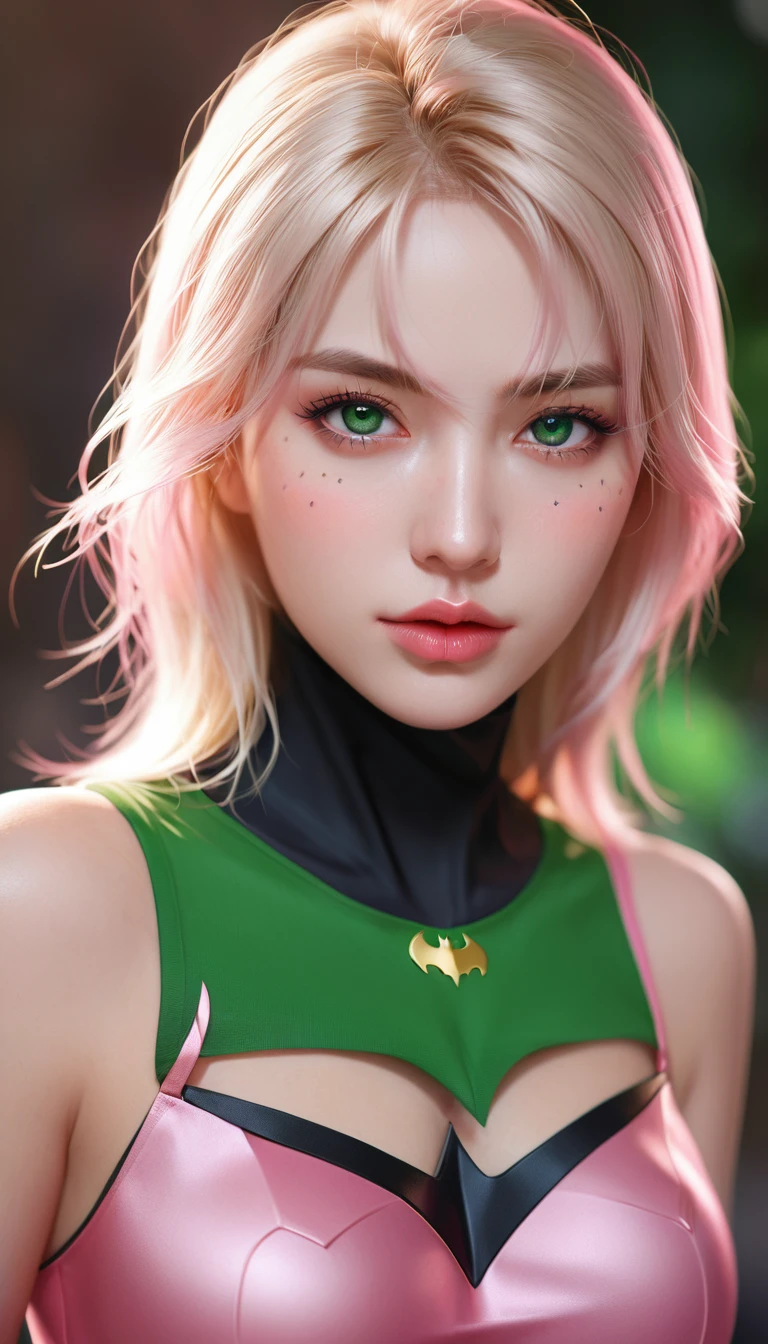 Woman blonde green eyes pink batman black top, realistic art style, Rossdraws Portrait, Artistic Jem Portrait, Anime realistic art style, 4k realistic digital art, 4k realistic digital art, 8K Artgerm bokeh, deviantart artstation cgscosiety, ArtGerm Extremely Detailed, Produced in collaboration with Anime Painter Studio, RossDraw Numbers
