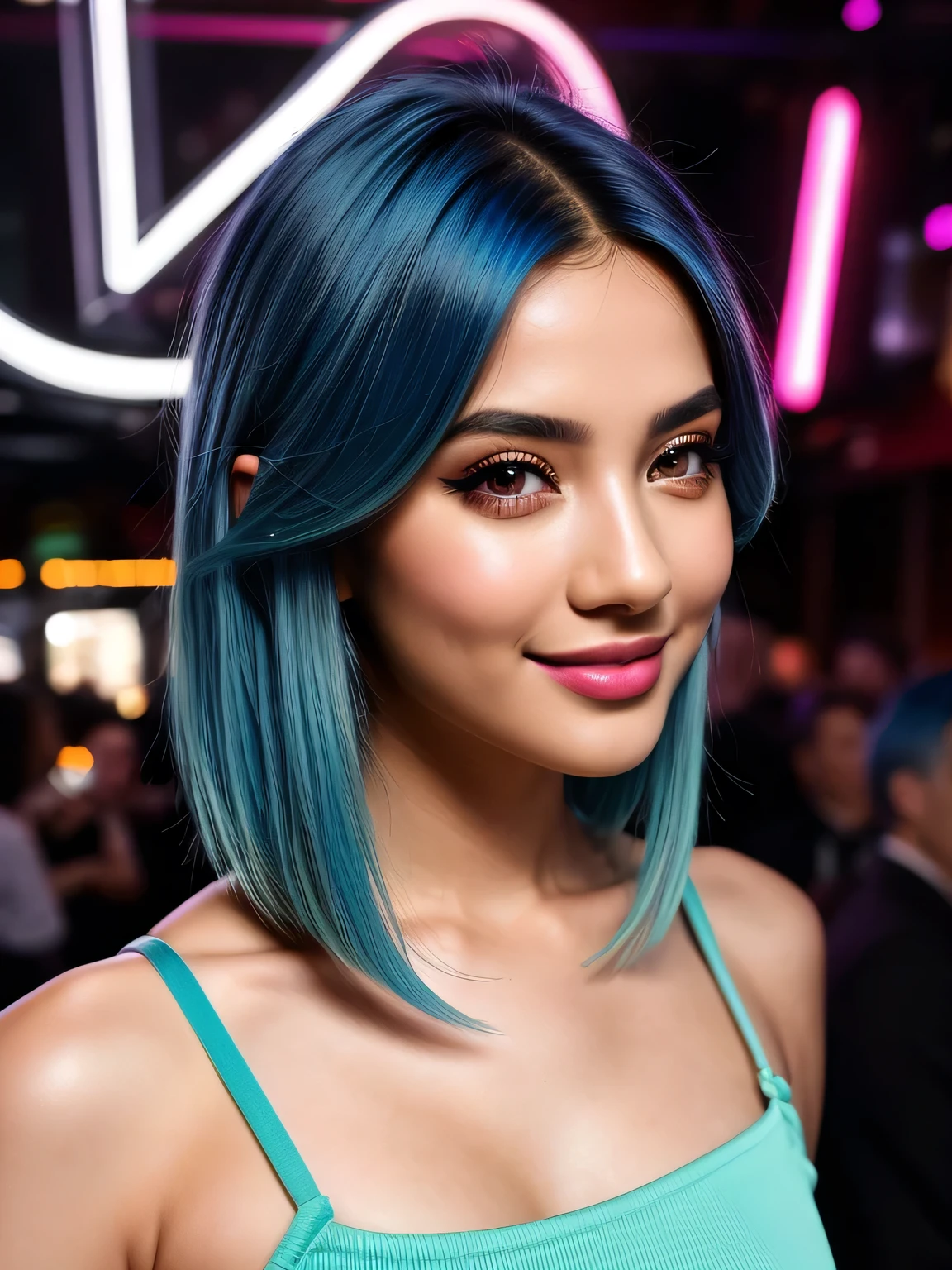 (blue hair:1.4), short hair, realistic green eyes, cobalt hair, long bob hair, tousled hair, shoulder length hair, Full body, woman with white skin and Asian features, 24 year old, big breast. She has a small, elegant nose with a slight upward curve at the tip. Her lips are full and naturally pink, with a well-defined Cupid's bow. Her teeth are straight and white, enhancing her captivating smile. Her face has an oval shape with high cheekbones that add to her model-like appearance. highly detailed glowing eyes, specular light, extreme quality, crystal clear, cute face, detailed skin pores, oil Dark skin, brown, complex eye details, 8K, (best quality,4k,8k,highres,masterpiece:1.2),ultra-detailed,(realistic,photorealistic,photo-realistic:1.37),portrait,beautiful detailed eyes,beautiful detailed lips,extremely detailed eyes and face,long eyelashes,fashionable,stylish,confident,energetic,young woman, crop top,miniskirt,nightclub dress,neon lights,dynamic pose,vibrant colors,glamorous makeup,shiny glossy texture,party atmosphere,nightlife,people dancing,music,disco ball,excitement,dance floor,high heels,fashion accessories,strobe lights,spotlight,cityscape backdrop
, (short hair:1.2), (short hair:1.3), (short hair:1)