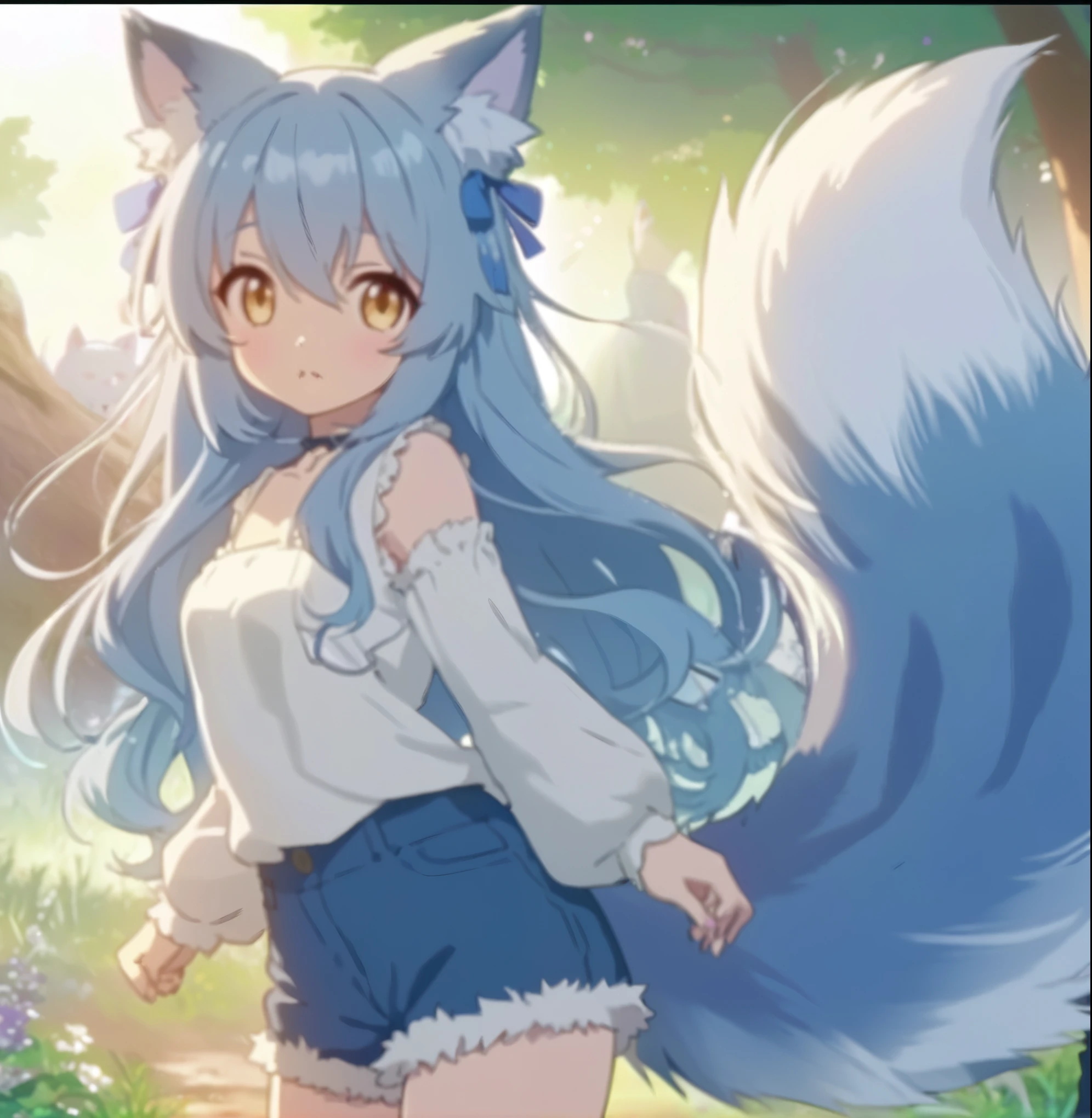 Blue hair standing in the forest、Anime girl in blue shorts, beautiful anime catgirl, very beautiful anime cat girl, Holo is a wolf girl, White fox, cute anime catgirl, Anime girl with cat ears, anime catgirl, Holographic If It Was A Wolf Girl, Female furry mini cute style, Fox Girl, Cute girl anime visual