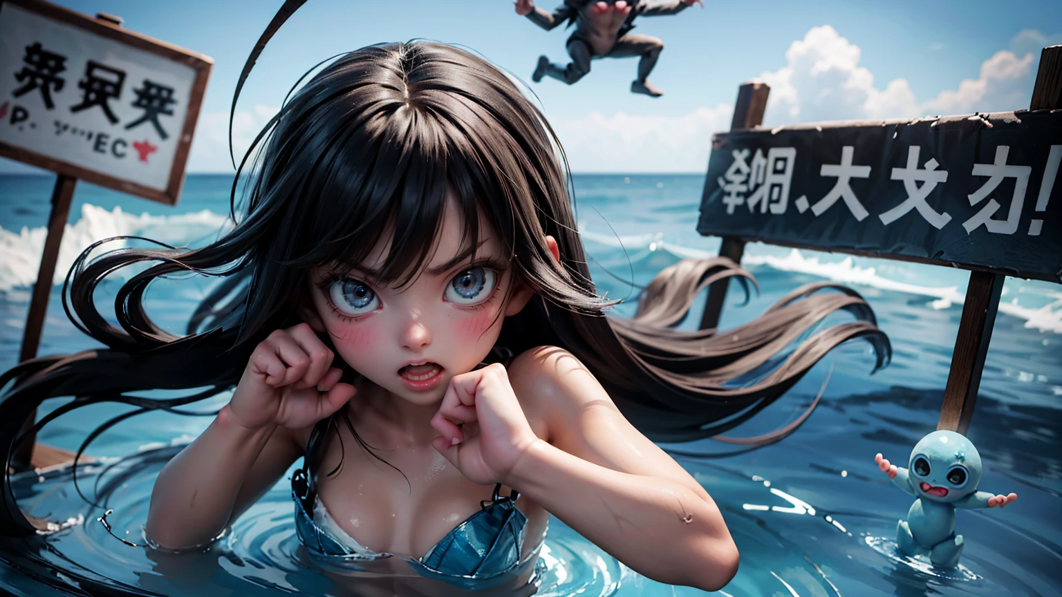 A cute girl with angry emotions with open mouth on face, girl stuck in blue water ice tub, He has thrown his hands up had stuck there. hands up for helping, holding a sign board with text "Stuck on it small figures of monsters flying in different directions. The background color is light gray.