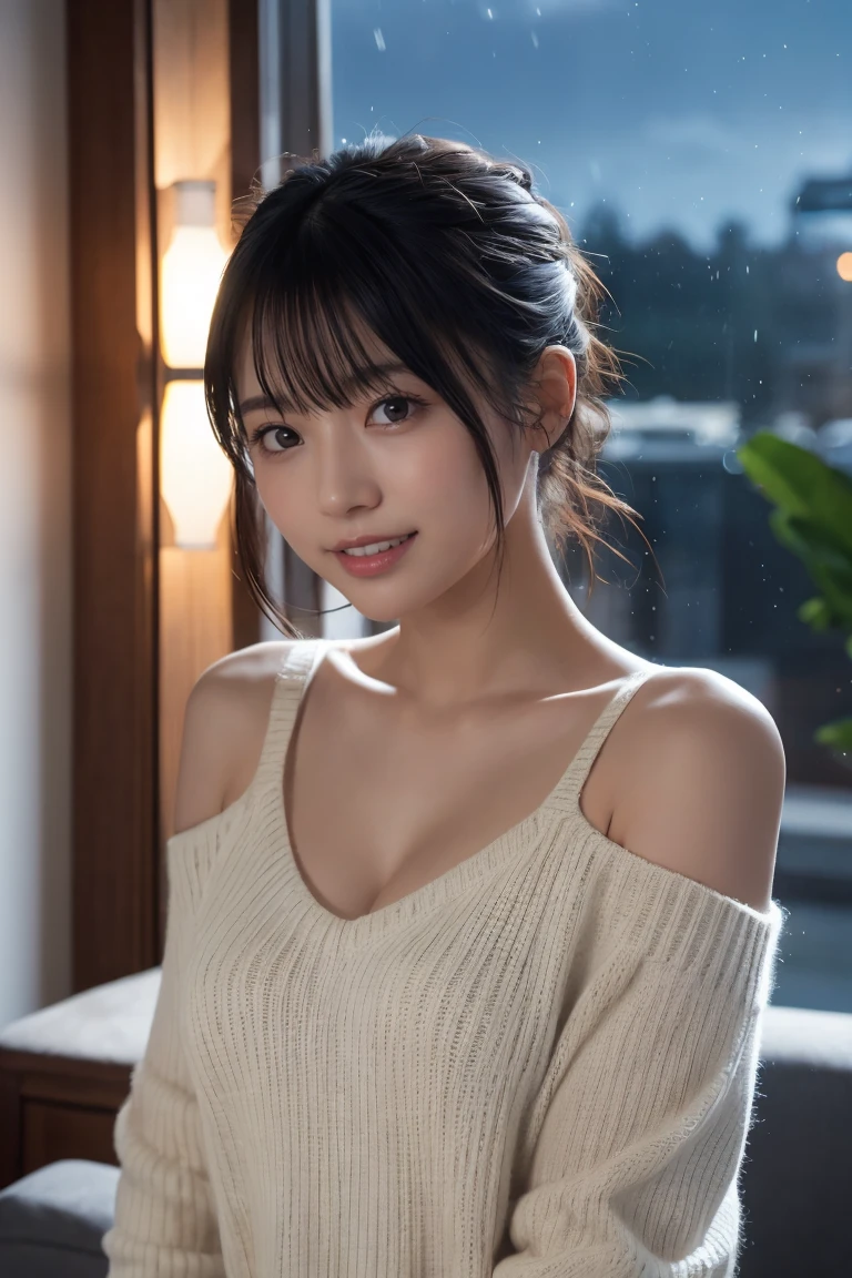 Tabletop, Highest quality, 8k, ((30 years old, 30th generation,,Mature)), RAW Photos, Absurd, Award-winning portrait, A cheerful smile, White teeth,The corners of the mouth turn up,alone, (night:1.8), Idol Face, Delicate girl,Delicate body, Upper Body, Digital SLR, View your viewers, Frank, Sophisticated,Thin arms, Thin body,Stroking the shoulder,Long, thin neck,Professional Lighting, Film Grain, chromatic aberration, (Eyes and 顔s with detailed:1.0) , Black-haired , shortcut,Bans, double eyelid, drooping eyes , Small breasts,Knitted Products,White knitwear,Knitted Products,texture,shoulders protruding,((Drop shoulder)),Cleavage,胸に光がShine,Shiny breasts,Shine胸,Shine,((Mature look))