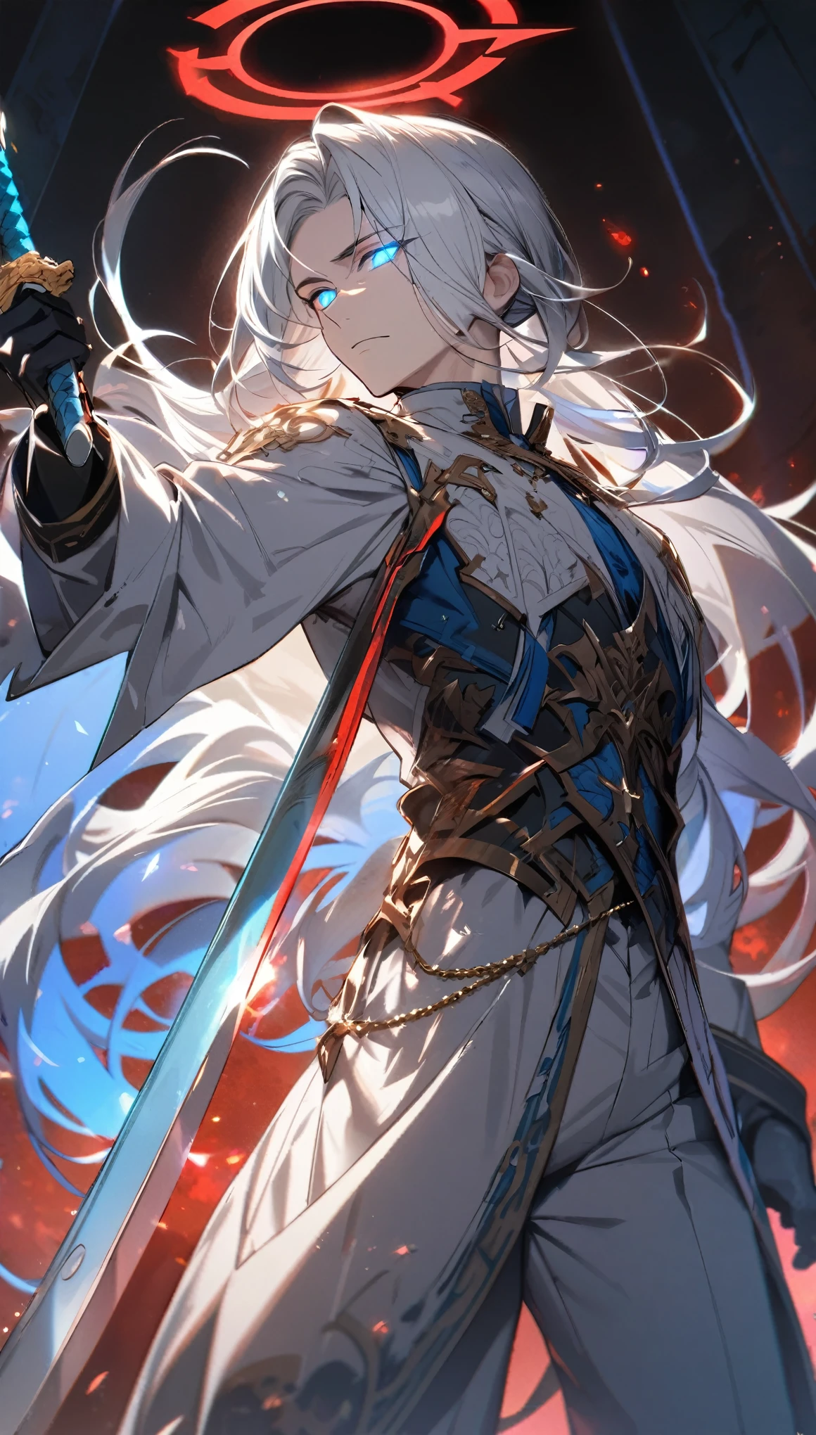 man, Long hair, Ponytail, White hair, blue eyes, Glowing eyes, Blue Halo,Red Halo, Handsome, high quality, sword, Gray scapula