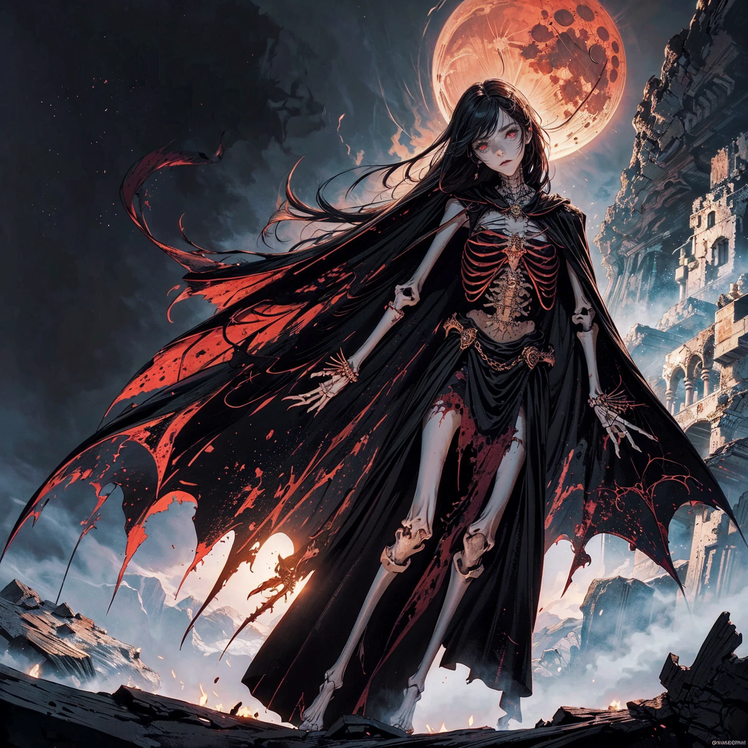 full-body shot, best quality, 4K, high resolution, masterpiece:1.2, Very detailed, actual:1.37, Mood lighting, An undead girl in a long cape, Torso and limb is skeleton bone but head is still beautiful human face, Wearing a ragged gothic skirt, Aloofness emotion, Dangerous sneer, Black Hair, Standing, Facing the camera, Crucified, Pitch black sky, Blood-red moon, strange atmosphere, Gothic style, Unforgettable beauty, Dramatic shadows, Ethereal Light, Mysterious atmosphere.