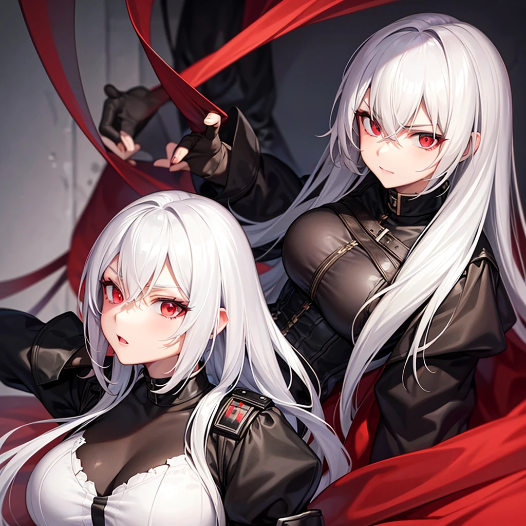 Black german world war 2 outfit, young 18 year old female, white hair, red eyes, serious expression, hentai, anime style. 