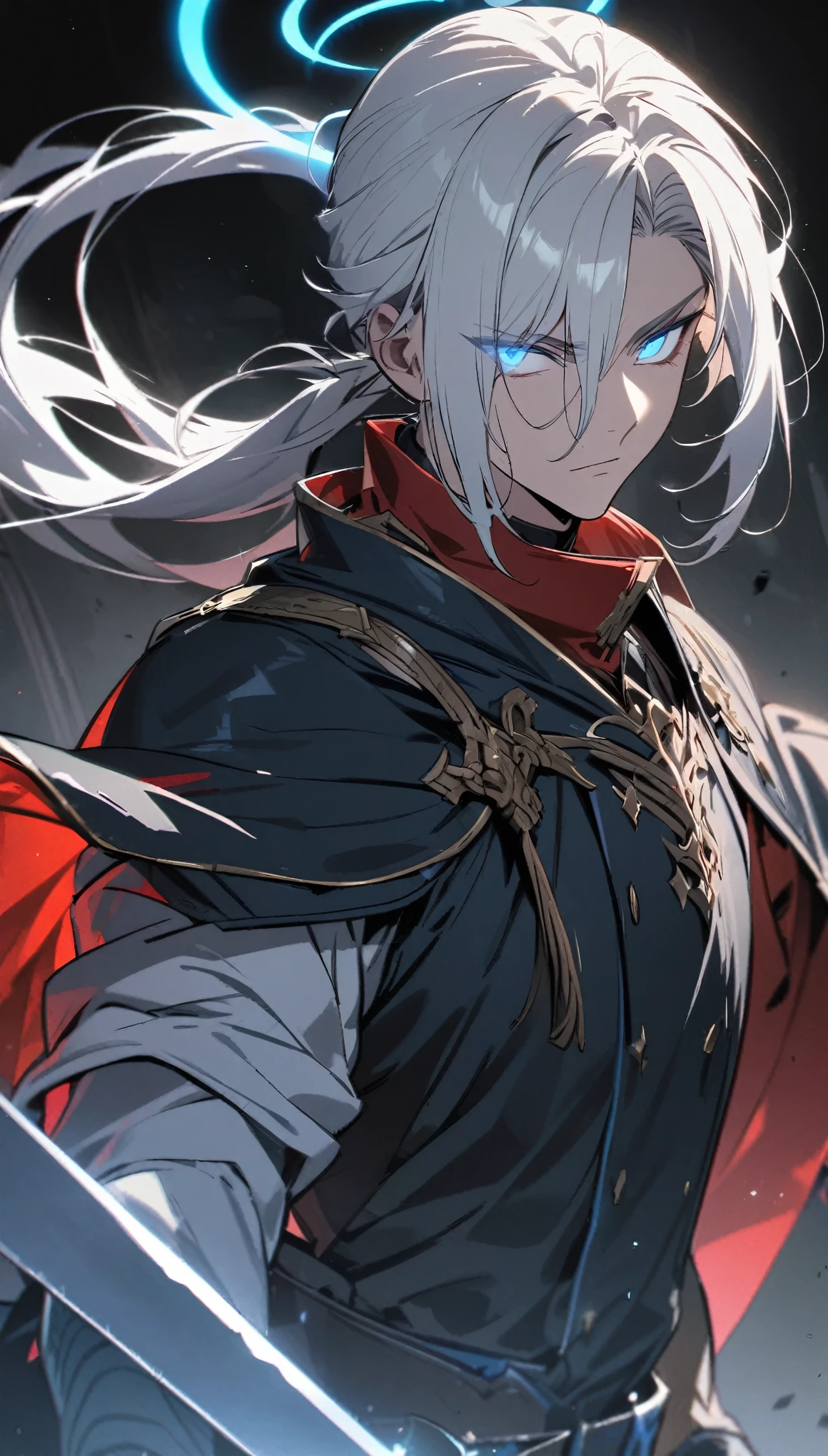 man, Long hair, Ponytail, White hair, blue eyes, Glowing eyes, Blue Halo,Red Halo, Handsome, high quality, sword, Gray scapula