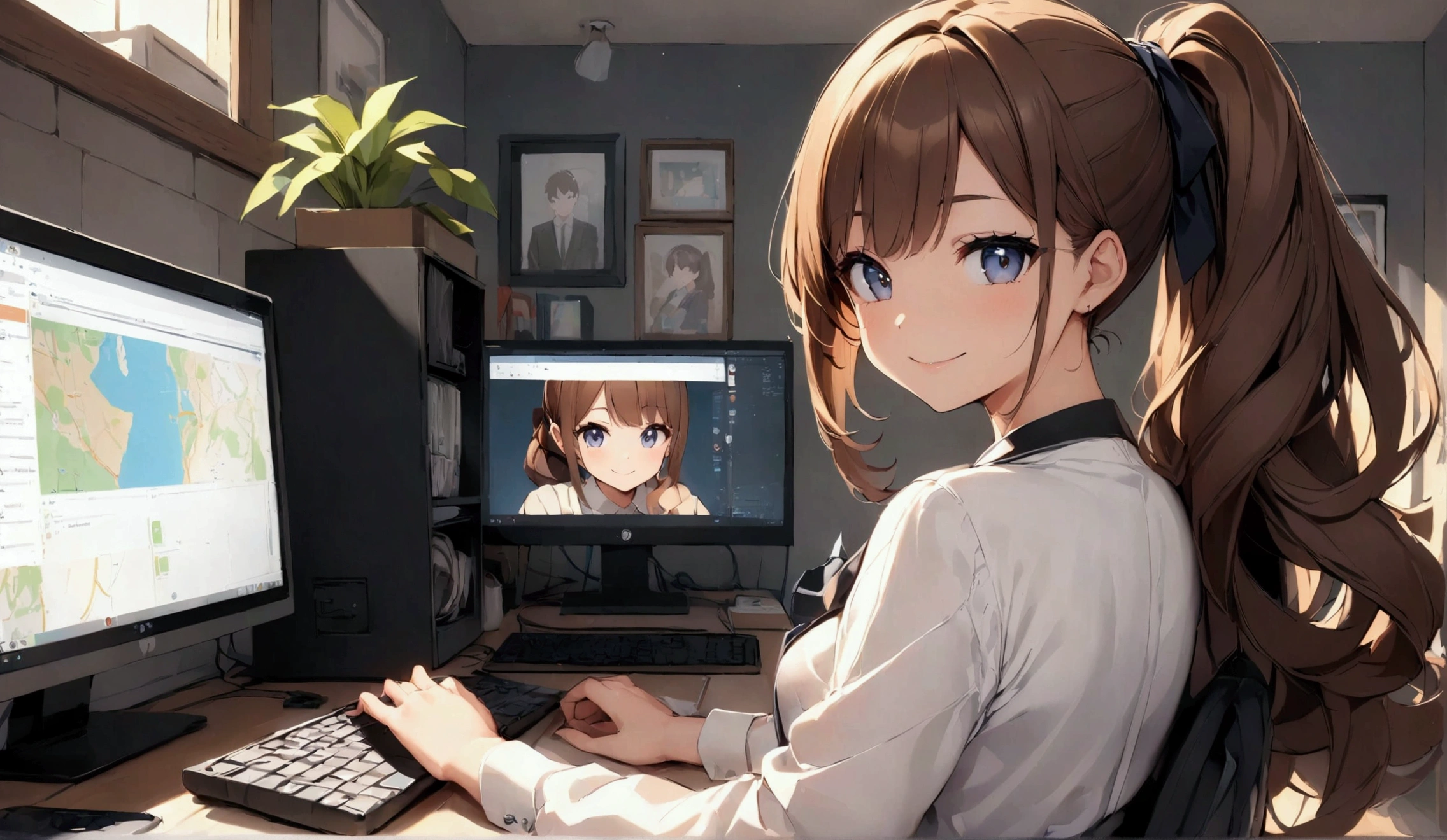 (high resolution,high quality)anime、Beauty、cute、Stylish、ponytail、Brown Hair、Sexy、View your viewers、smile、In a beautiful house、computer、Working