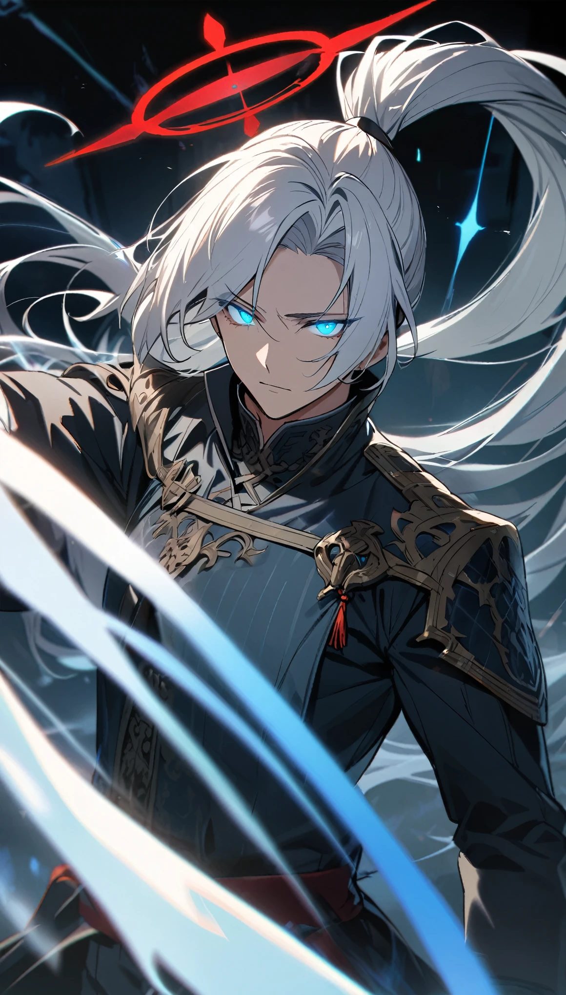 man, Long hair, Ponytail, White hair, blue eyes, Glowing eyes, Blue Halo,Red Halo, Handsome, high quality, sword, Gray scapula