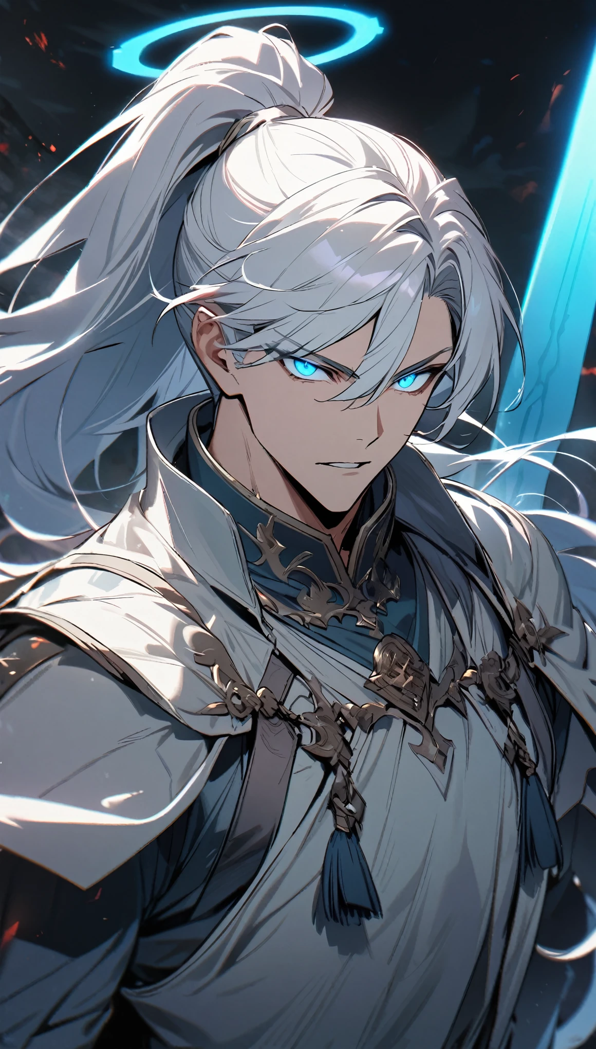 man, Long hair, Ponytail, White hair, blue eyes, Glowing eyes, Blue Halo,Red Halo, Handsome, high quality, sword, Gray scapula
