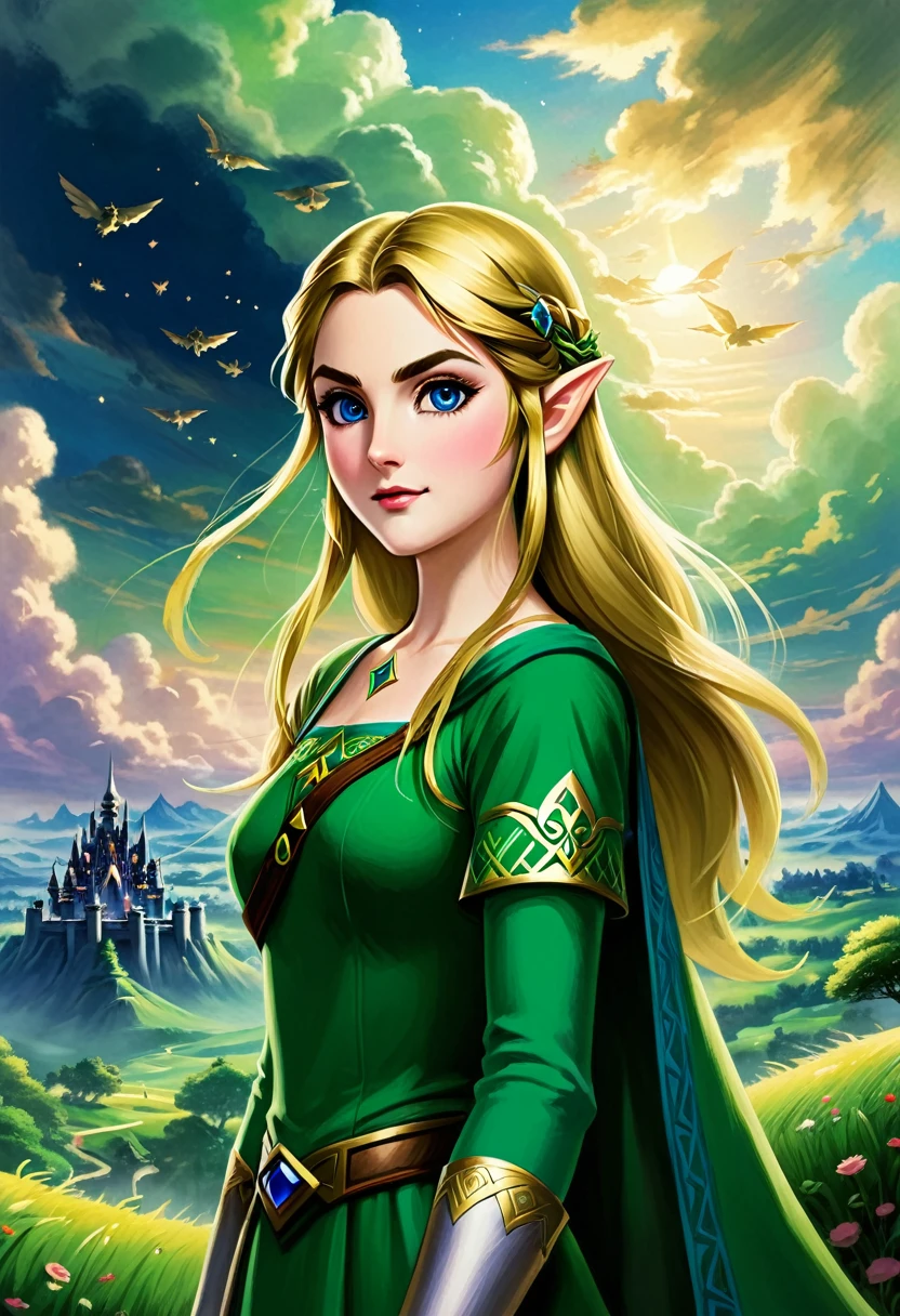 LA légende de Zelda、Yeux verts impressionnants、long cils、nez délicat、Belle et délicate princesse Zelda aux lèvres charnues、Posant avec grâce dans un paysage sombre et fantastique、Nuages d&#39;orage spectaculaires dans le ciel、Les arbres sombres qui l&#39;entourent々々Ruines antiques avec des feuilles restantes、Un monstre géant de l’ombre se cache en arrière-plan、Éclairage de cinéma、Texture complexe et détaillée、couleurs vives、art numérique、art conceptuel、Peinture mate、Moteur irréel、8k、Très sophistiqué、Réaliste、edobhorreurpaysage