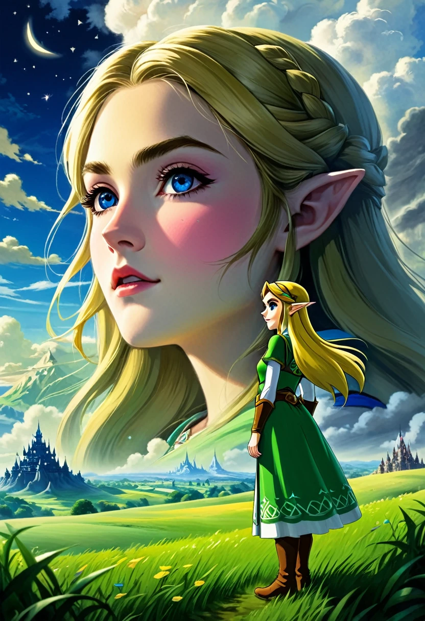 LA légende de Zelda、Yeux verts impressionnants、long cils、nez délicat、Belle et délicate princesse Zelda aux lèvres charnues、Posant avec grâce dans un paysage sombre et fantastique、Nuages d&#39;orage spectaculaires dans le ciel、Les arbres sombres qui l&#39;entourent々々Ruines antiques avec des feuilles restantes、Un monstre géant de l’ombre se cache en arrière-plan、Éclairage de cinéma、Texture complexe et détaillée、couleurs vives、art numérique、art conceptuel、Peinture mate、Moteur irréel、8k、Très sophistiqué、Réaliste、edobhorreurpaysage