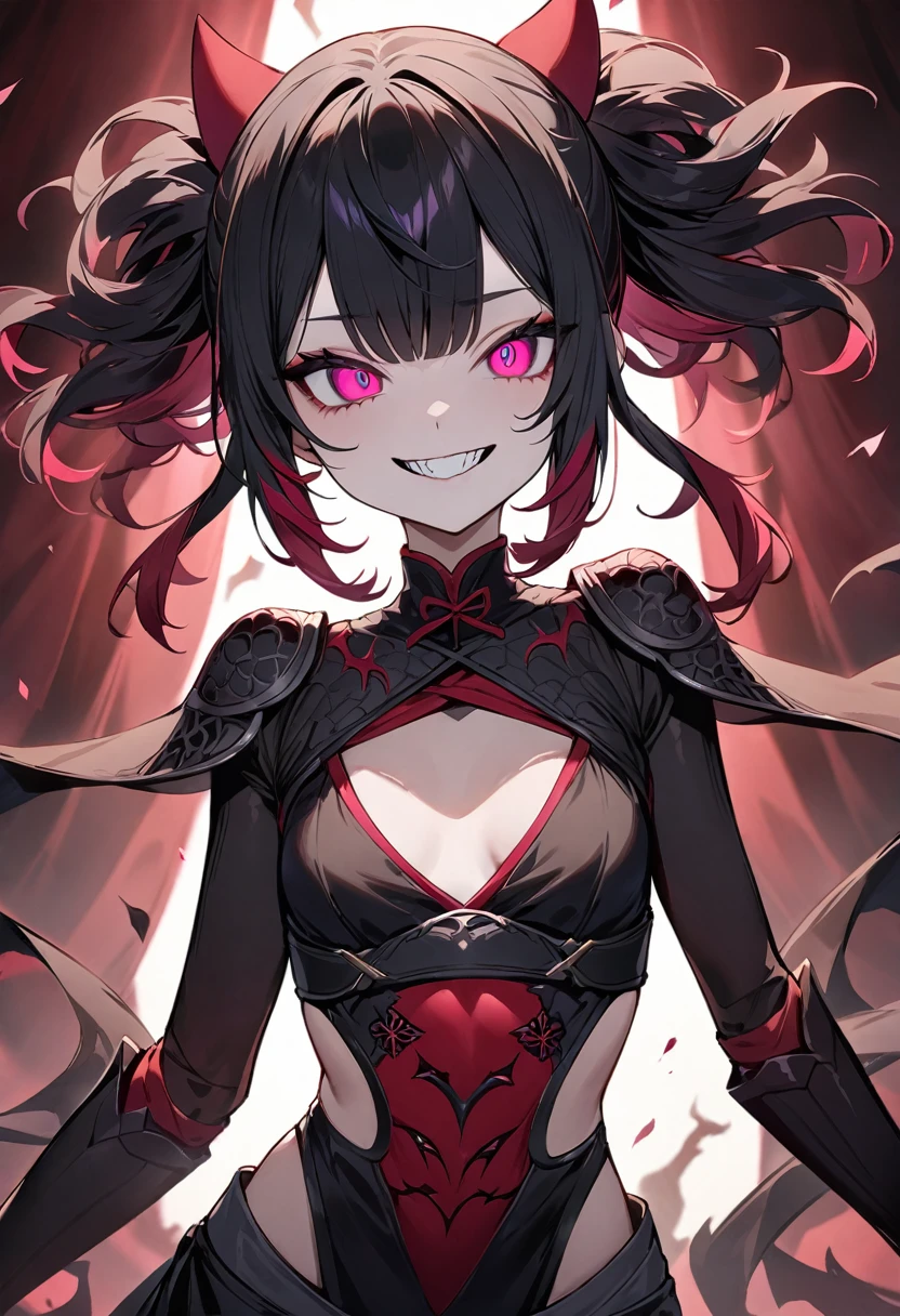 (masterpiece, top quality, very aesthetic, 4k、illustration), intricate detail, 1woman,Standing 、(upper body)、dark persona、(),Cute 、crazy smile、Random Hair Color、,middle hair,sidelock ,Random Color eyes、ninja clothes、small breasts、Slim 、