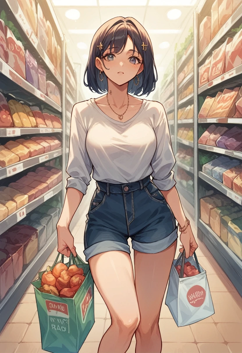 (young girl ,short stature,gyaru) ,flat chest,nsfw,rotund.((tank-dress)).shop.cute,black hair.look away.panty shot.squatting、medium hair