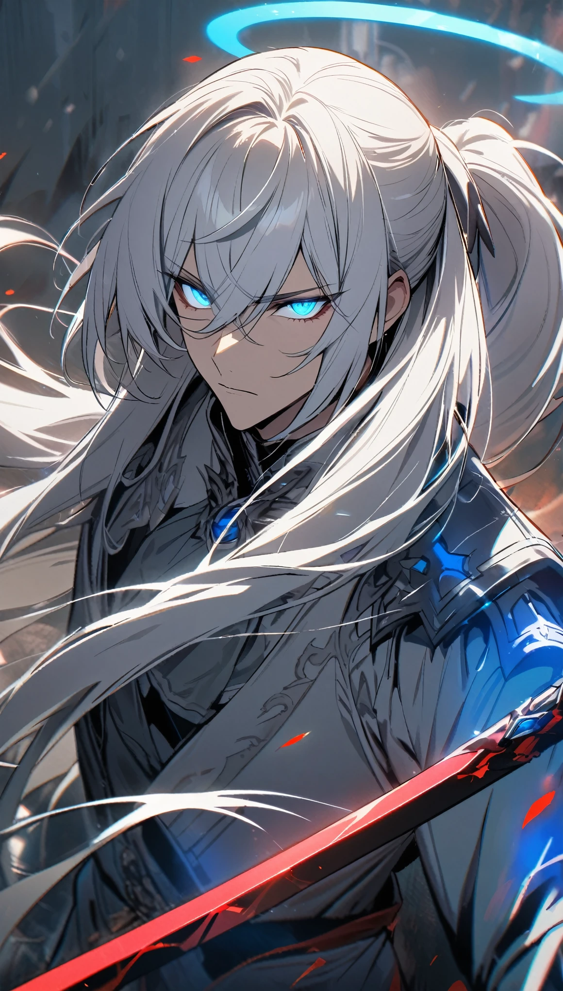 man, Long hair, Ponytail, White hair, blue eyes, Glowing eyes, Blue Halo,Red Halo, Handsome, high quality, sword, Gray scapula