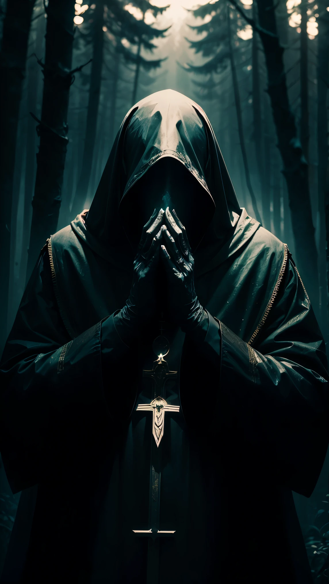 Vivid, high-contrast horror of a mysterious priest completely covering their face with their hands white forest background under a dramatic, gritty lighting