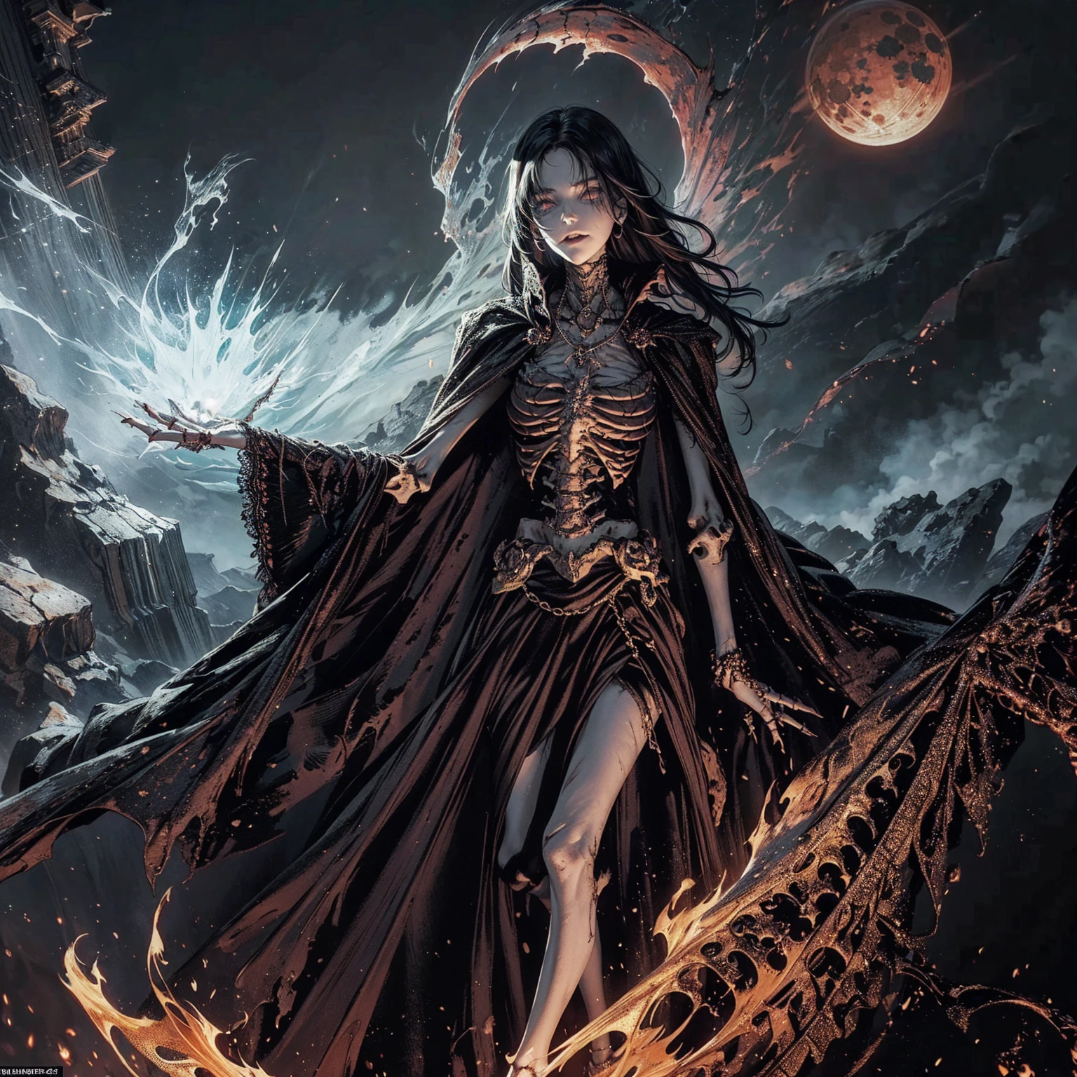 full-body shot, best quality, 4K, high resolution, masterpiece, Very detailed, Mood lighting, An undead girl in a long cape, Whole body including hands & arms & legs & feet are all skeleton bones but except the head is still beautiful human face, Wearing a ragged gothic skirt, Aloofness emotion, Dangerous sneer, Beautiful but sad smile, Black Hair, Standing, Facing the camera, Crucified, Pitch black sky, Blood-red moon, strange atmosphere, Gothic style, Unforgettable beauty, Dramatic shadows, Ethereal Light, Mysterious atmosphere.