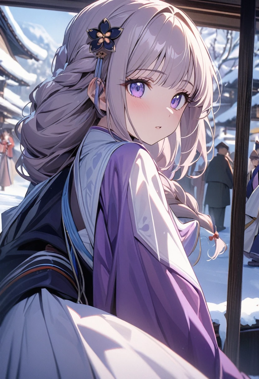 Bright purple Taoist robe, Hanfu long skirt, big eyes, masterpiece absolute beauty, 1 woman, close-up. Close-up, snow scene, 4K picture quality, twisted braid, princess hairstyle princess cut, simple hair accessories, plum blossoms, people can't forget the beauty when they see it