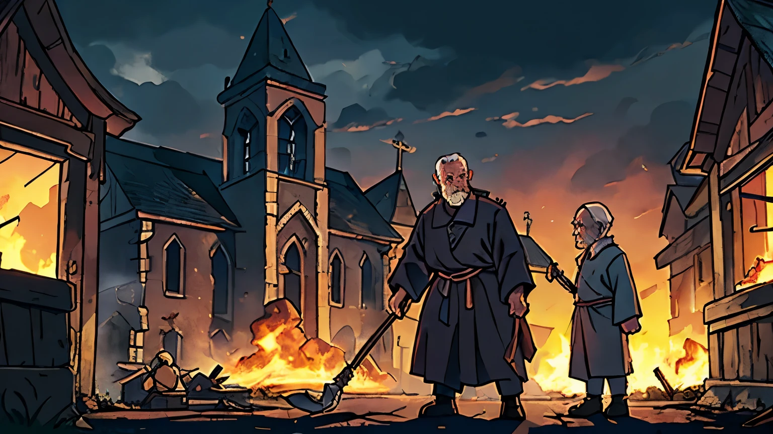 Wide shot of a village square, approaches an old man A 70-year-old countryman with a worn and wrinkled face, cloudy yet penetrating eyes that reflect his wisdom, dressed in tattered church clothes tending a weak fire. The square is desolate and shadowy