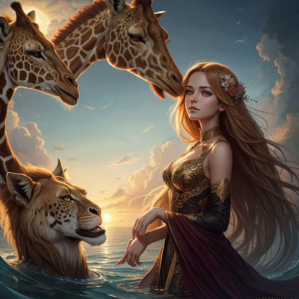 golden hour, front view oil painting of a giraffe morphed with lion emerges from water in the background, tears of joy, storks, stunning digital illustration, beautiful fantasy art portrait, a beautiful artwork illustration, charlie bowater rich deep colors, artstyle tom bagshaw, beautiful digital illustration, beautiful fantasy portrait, portrait of a dark fantasy nymph, exquisite digital illustration, in style of anna dittmann