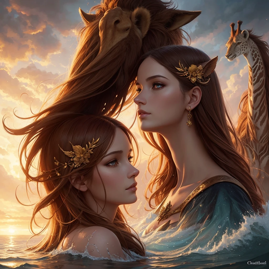 golden hour, front view oil painting of a woman with face of Winona Ryder morphed with Angelina Jolie laughing with gigantic hairdo floating on water, giraffe morphed with lion emerges from water in the background, tears of joy, storks, stunning digital illustration, beautiful fantasy art portrait, a beautiful artwork illustration, charlie bowater rich deep colors, artstyle tom bagshaw, beautiful digital illustration, beautiful fantasy portrait, portrait of a dark fantasy nymph, exquisite digital illustration, in style of anna dittmann