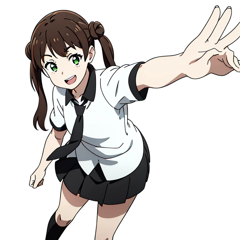 1girl,20 years old,solo,(white background,line drawing),long hair,brown hair, green eyes ,finana,twintails,((white shirt,short sleeves,black standart tie,black skirt)),open mouth,outstretched hand,smile,double bun,(from front)