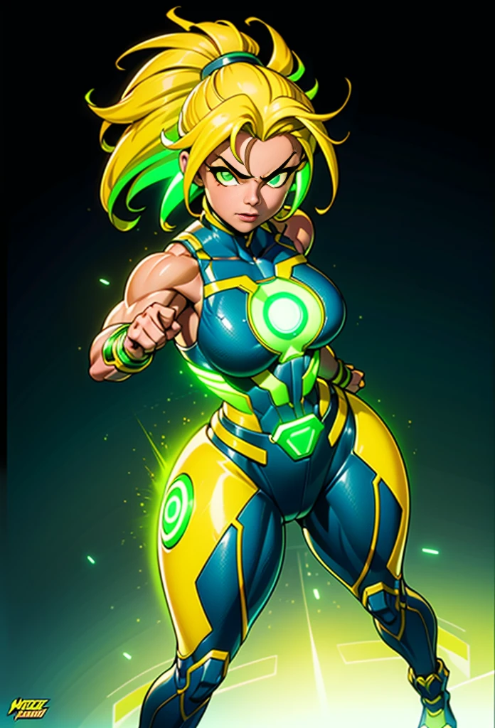Digital painting of a woman with green and yellow hair, Superhero, Muscle Girl, Pause, Raise your fist, From above, 1 Raise your knees, Behance Contest Winner, Afrofuturism, Synthwave, neon, glowing neon, Huge saggy breasts,
