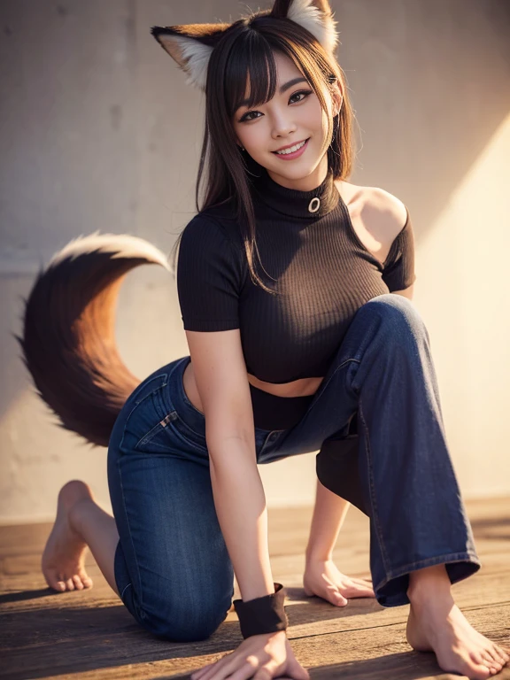 ((Highest quality, 8k)), ((masterpiece)), (Highest Resolution), Perfect Face, Fox Woman, Beautiful woman, public, Has one tail, She has thick thighs, a large tail, She has a fox tail, She wags her tail, smile, fur collar, She is wearing business pants, Beautiful Hips, A tail sticking out from a hole in his pants, On all fours