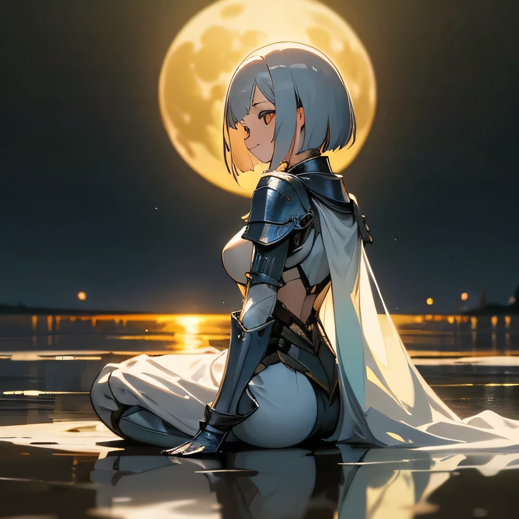 masterpiece, Highest quality, Super detailed, Outdoor, nature ,coastal, {Simple Background},Reflective Water, girl,  knight, Wearing armor, Happy, smile, Sitting on the floor, avert your eyes ,Silver colored hair, Short Bob, Droopy eyes, Pale skin, Beautiful breasts, {A perfectly circular full moon} , in the evening, Nostalgic atmosphere, Anime stuff, Full Body Shot, Right side, From behind, Golden Ratio, Golden Hour, Directional light, Blurry background in focus, dark_indigo