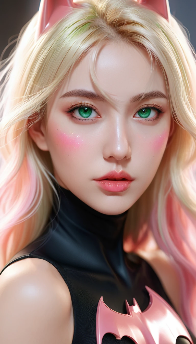 Woman blonde green eyes pink batman black top, realistic art style, Rossdraws Portrait, Artistic Jem Portrait, Anime realistic art style, 4k realistic digital art, 4k realistic digital art, 8K Artgerm bokeh, deviantart artstation cgscosiety, ArtGerm Extremely Detailed, Produced in collaboration with Anime Painter Studio, RossDraw Numbers