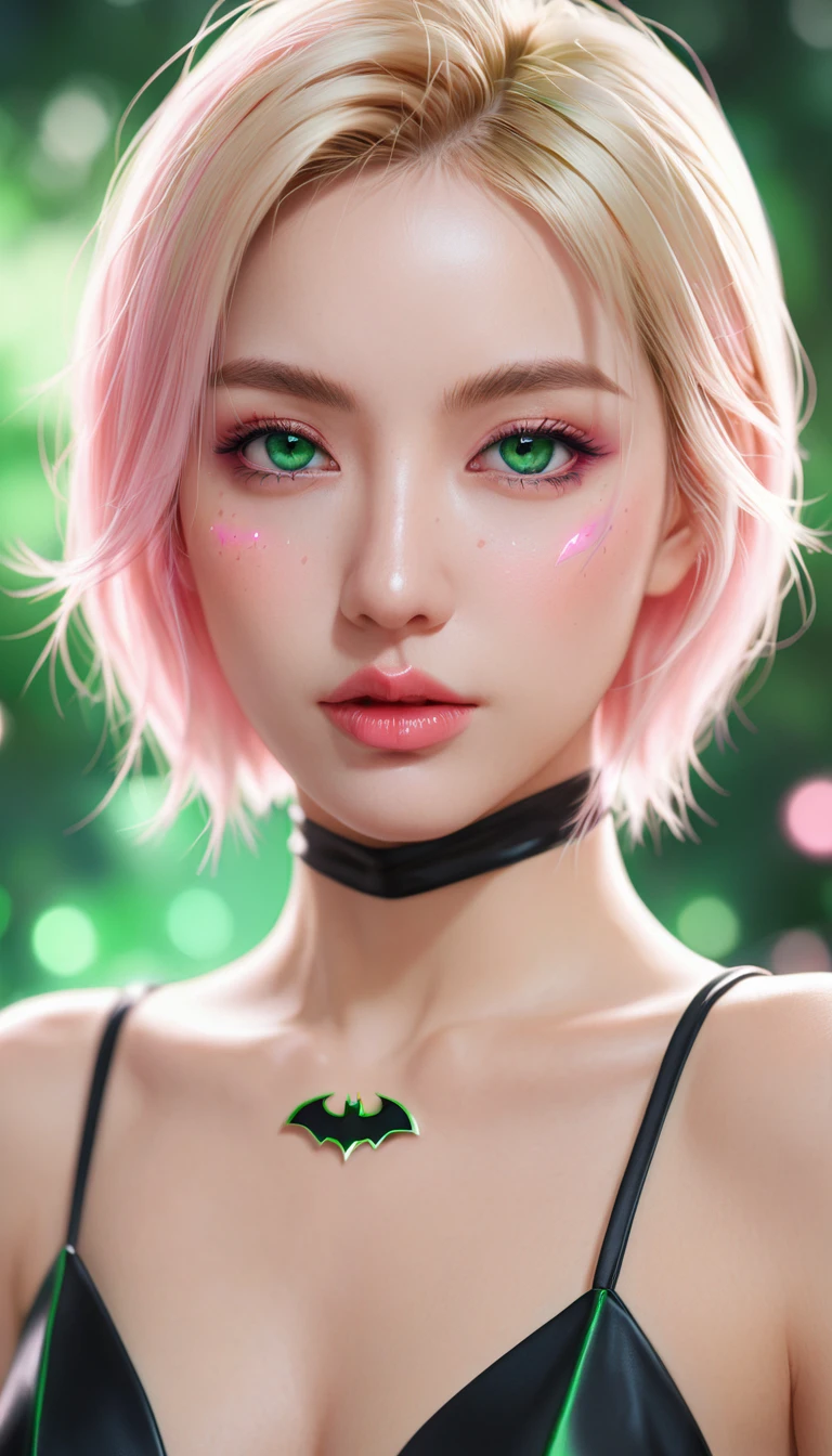 Woman blonde green eyes pink batman black top, realistic art style, Rossdraws Portrait, Artistic Jem Portrait, Anime realistic art style, 4k realistic digital art, 4k realistic digital art, 8K Artgerm bokeh, deviantart artstation cgscosiety, ArtGerm Extremely Detailed, Produced in collaboration with Anime Painter Studio, RossDraw Numbers