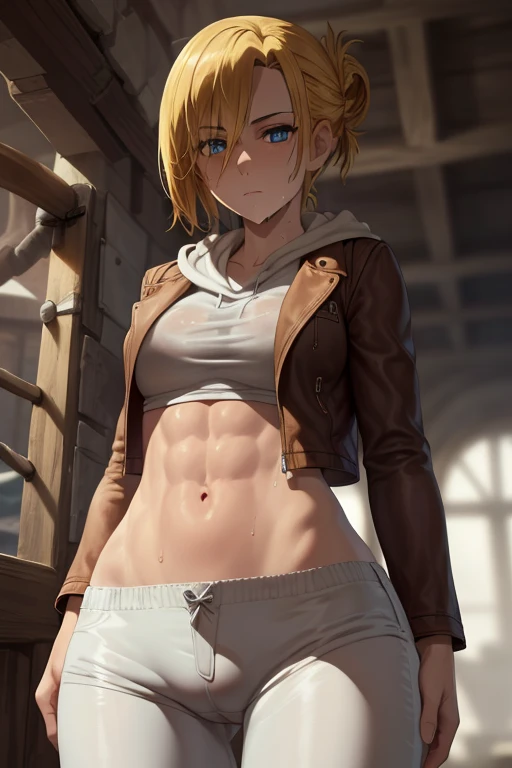 masterpiece,best quality,high resolution,8k,ultra HD,wallpaper,illustration,beautiful detailed eyes,perfect face,cowboy shot,beautiful detailed eyes,extremely detailed face,perfect lighting,extremely detailed CG,perfect hands,perfect anatomy,perfect body,perfect hands,perfect fingers,1woman,full body,,(muscle fighter:1.1),yellow single bun hair,blue eyes,large breasts,Medium ass,medium nipples,white hood inner t-shirt,Brown Leather jacket,White very short pants,clothed,looking at viewer,sexy look pose,cameltoe,Steam,Wet,sweat,1person,sea