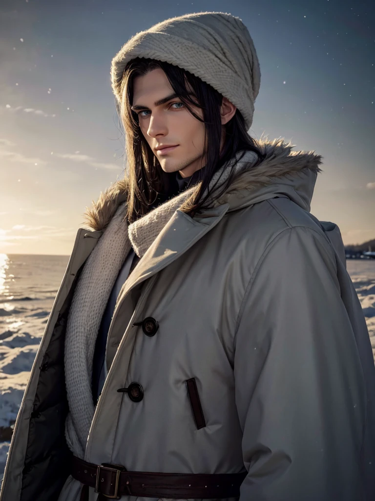 (best quality), 1boy, male, pale skin, black hair, medium hair, curtain hair, tousled hair, green eyes, perfect eyes, dark circles under eyes, tall, slender, handsome, strong jawline, lazy, light smile, attractive, sleepy, winter hat, winter coat, masterpiece, anatomically correct, highres
